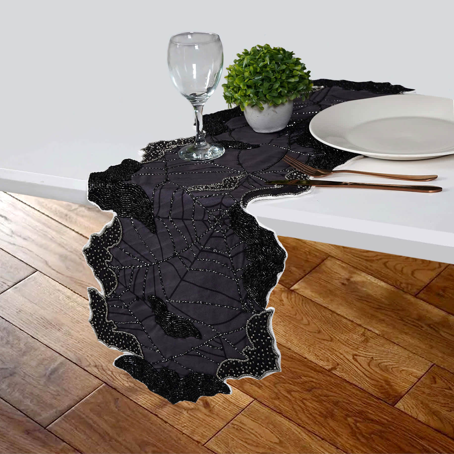 Midnight Shadows Beaded Bat & Web Table Runner