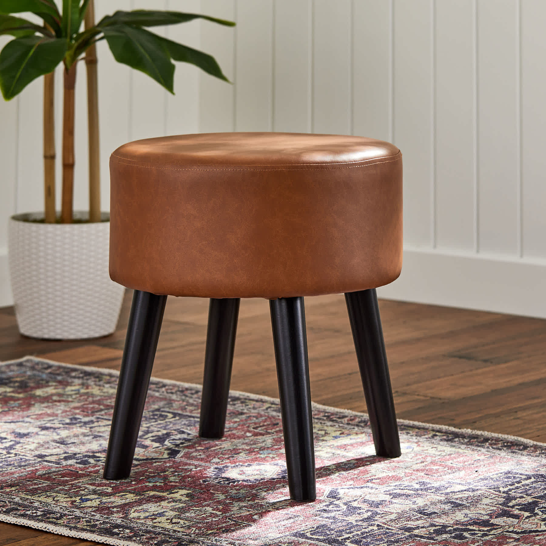 Emmy Stool with Black Wooden Legs, Cognac Faux Leather