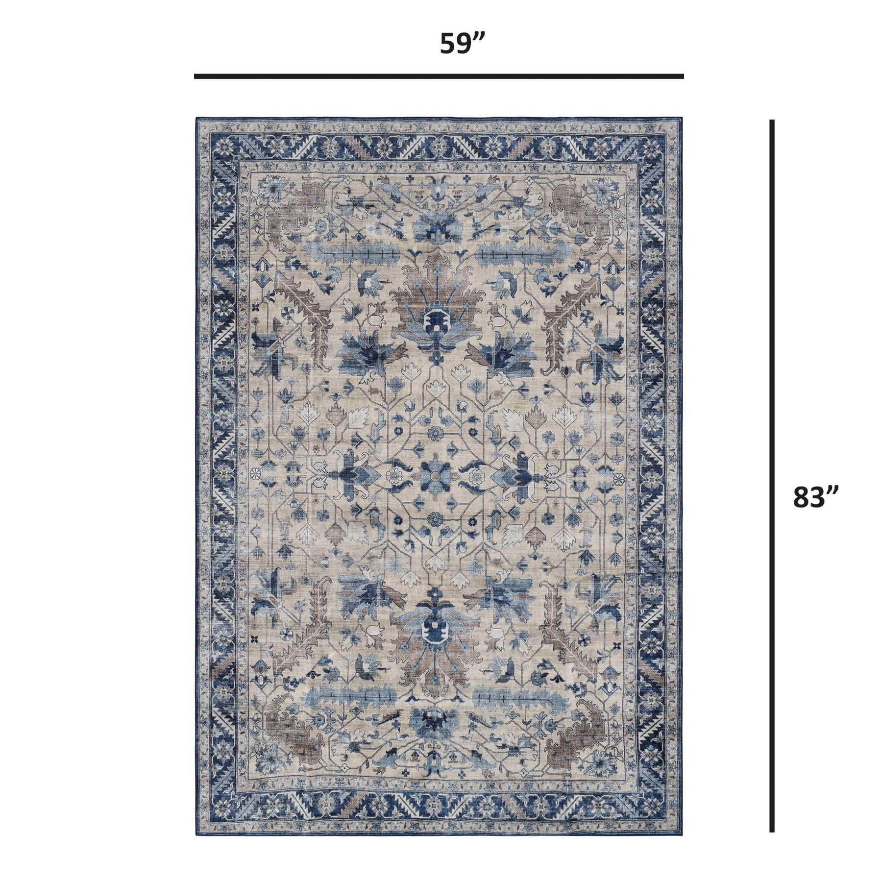 (B876) Dove Ivory & Blue Medallion Washable Area Rug, 5x7