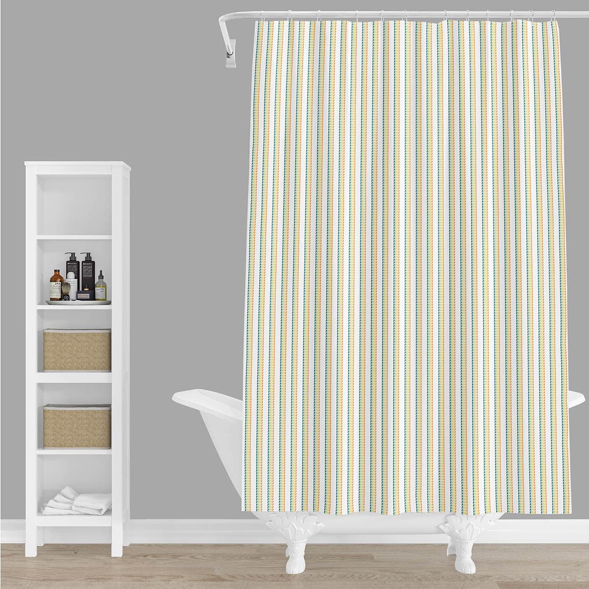 Tiny Dreamers Dinoskater Blue & Yellow Striped Shower Curtain, 72"