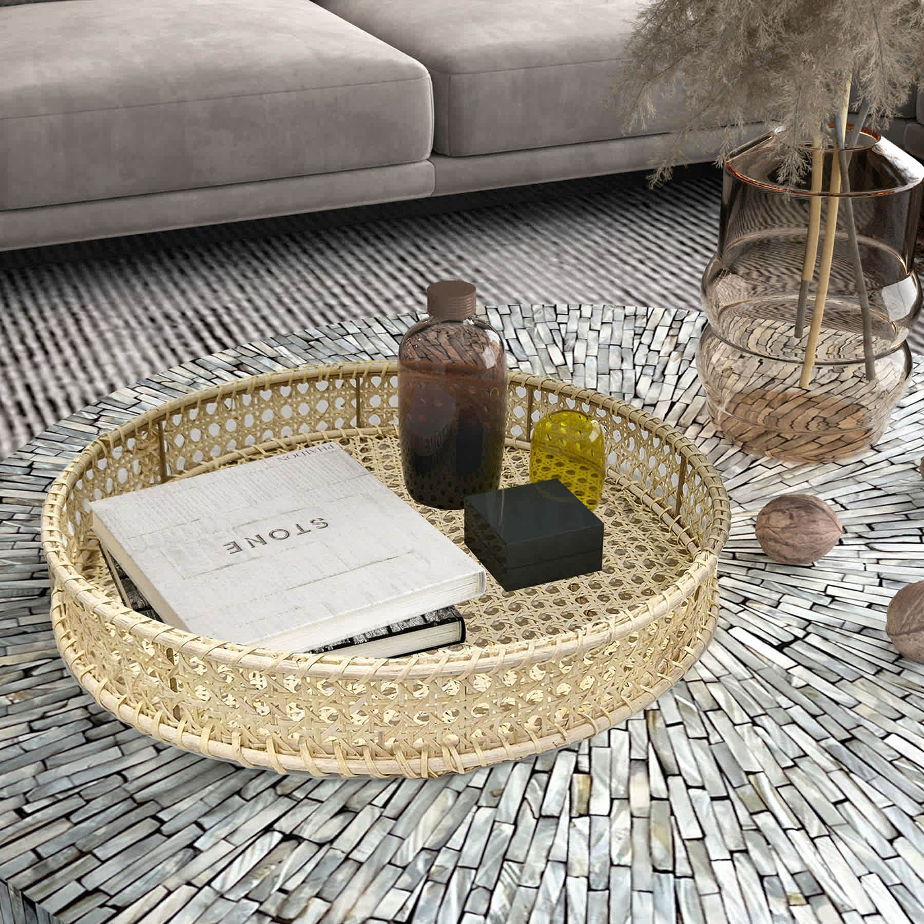 Round Rattan Cane Tray, 17"