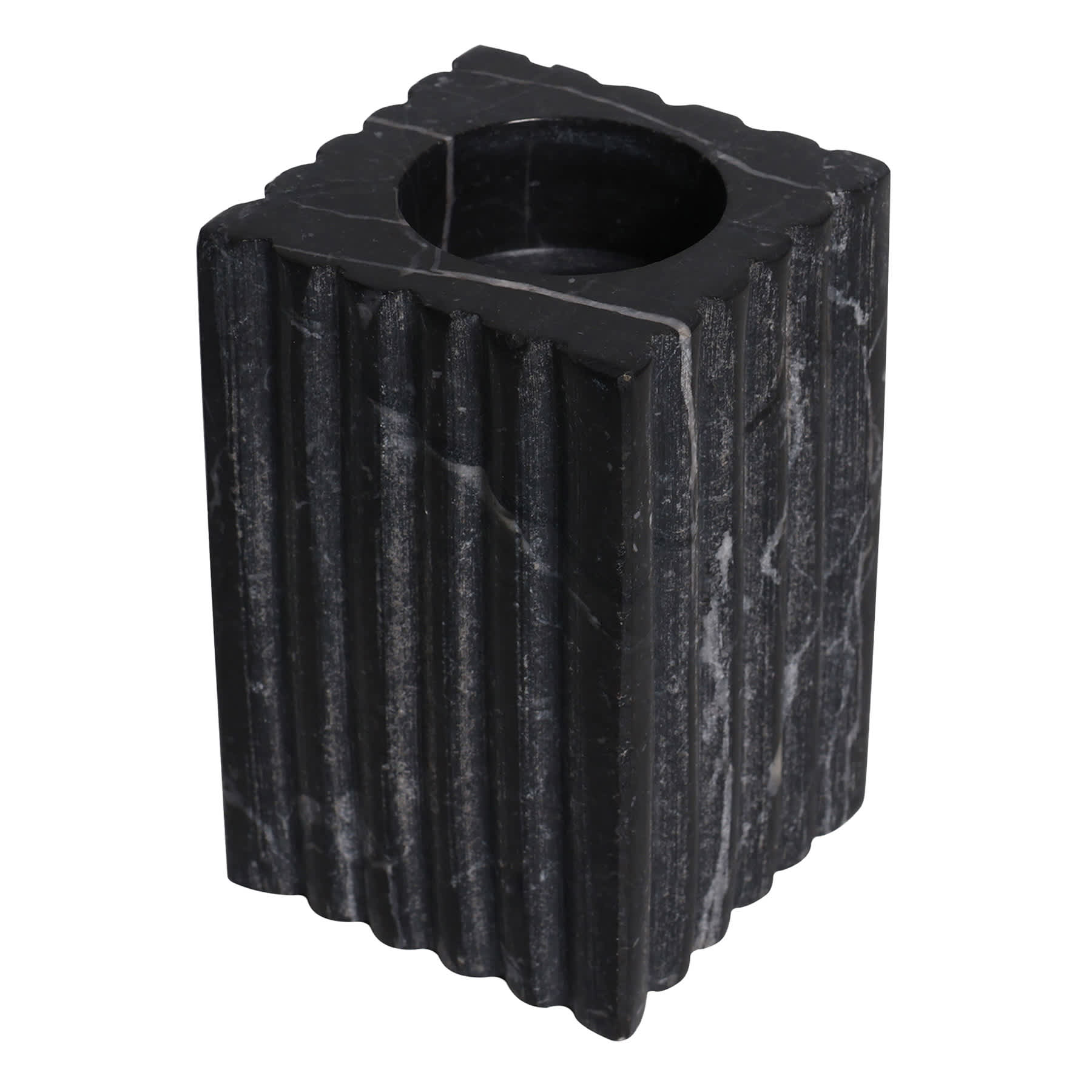 Black Ribbed Marble Tealight Candleholder, 4"