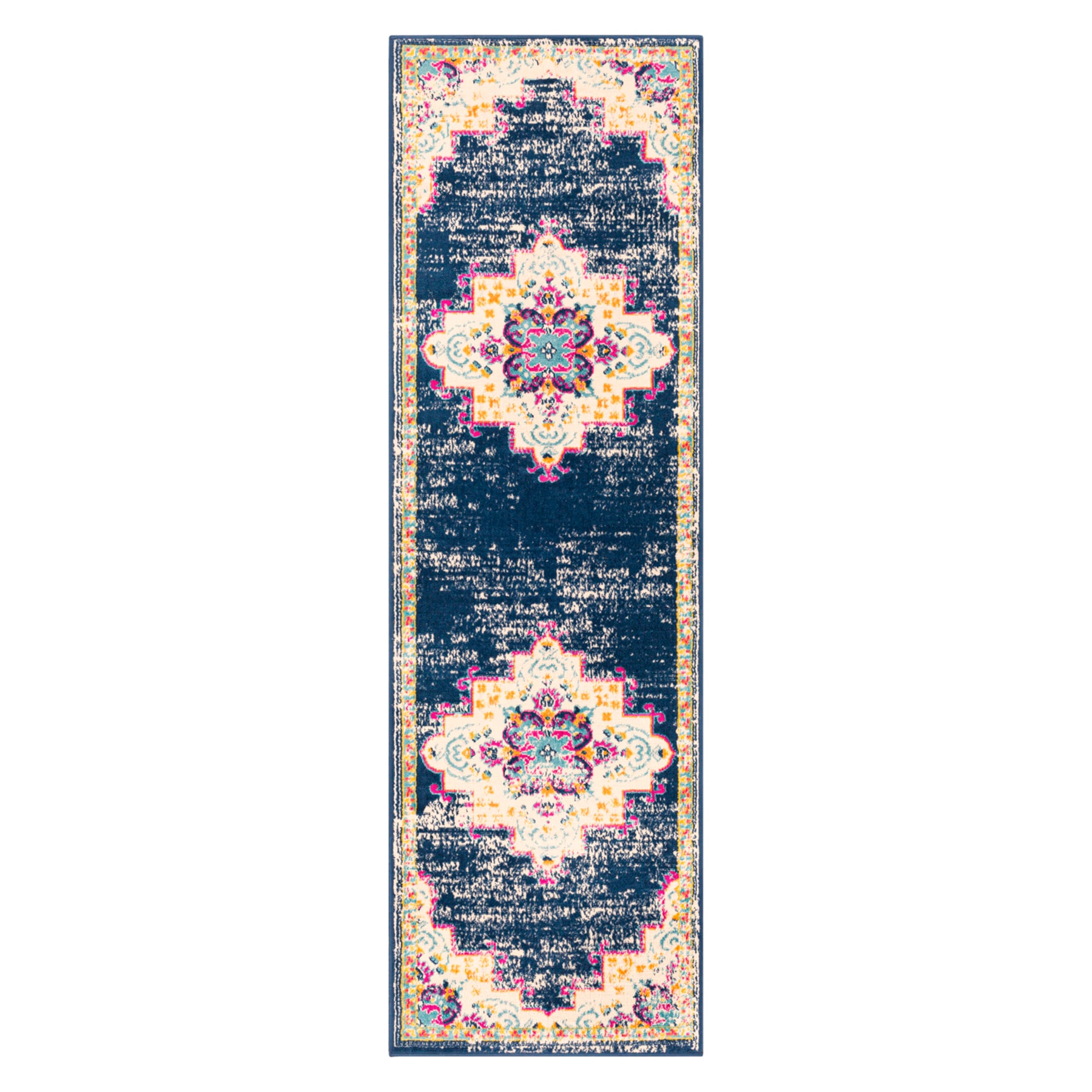 (D494) Found & Fable Floransa Blue & Pink Medallion Runner, 2x7