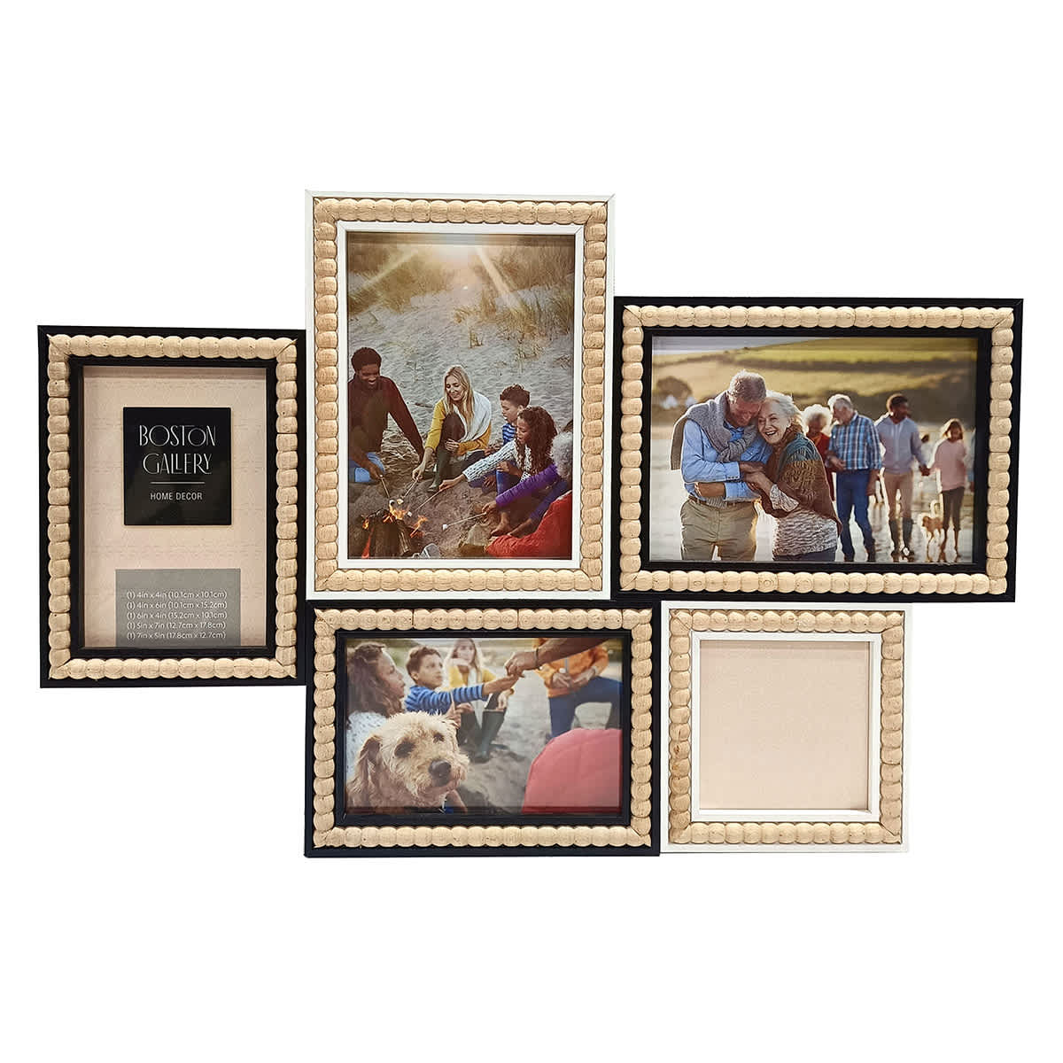5-Opening Black & Natural Wood Beaded Collage Wall Frame, 19x13
