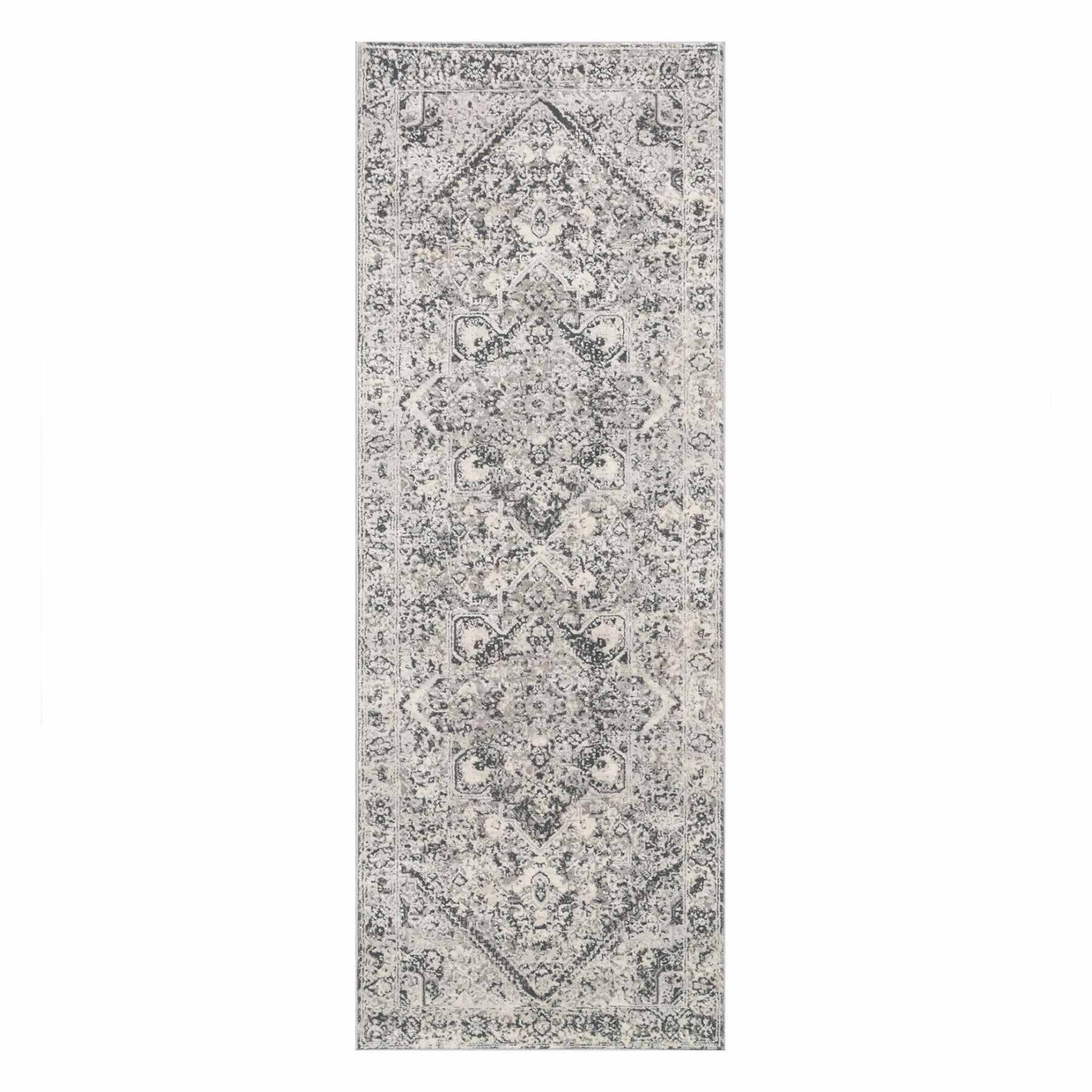 (B548) Providence Villa Dark Grey & Cream Distressed Look Runner, 2x6