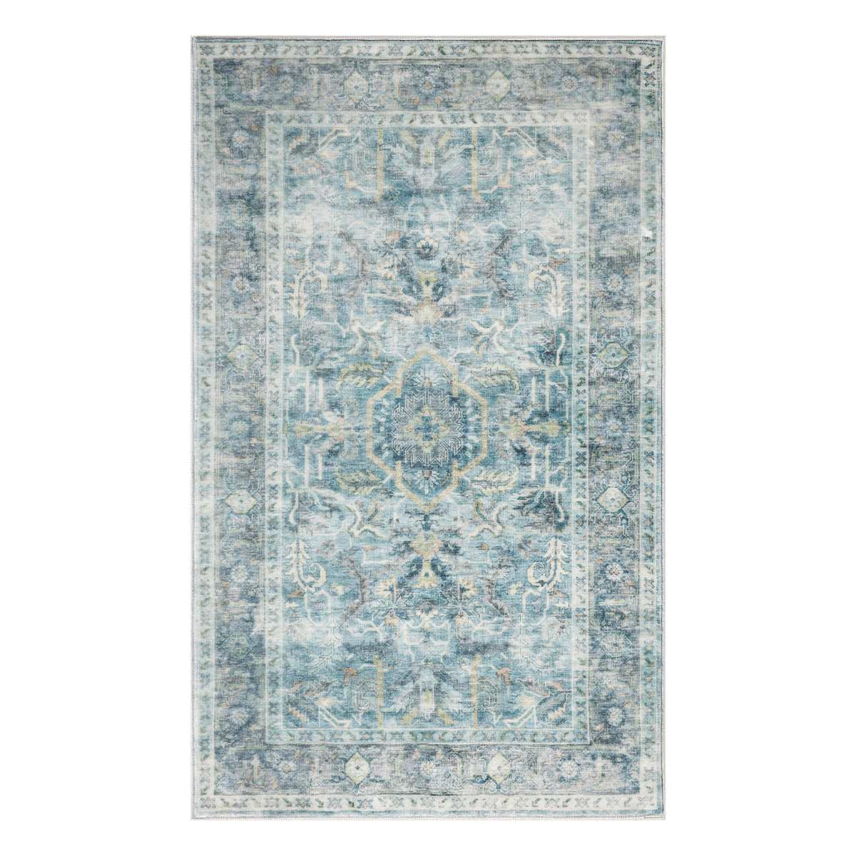 Emerald Aqua Medallion Printed Chenille Washable Accent Rug, 20x34