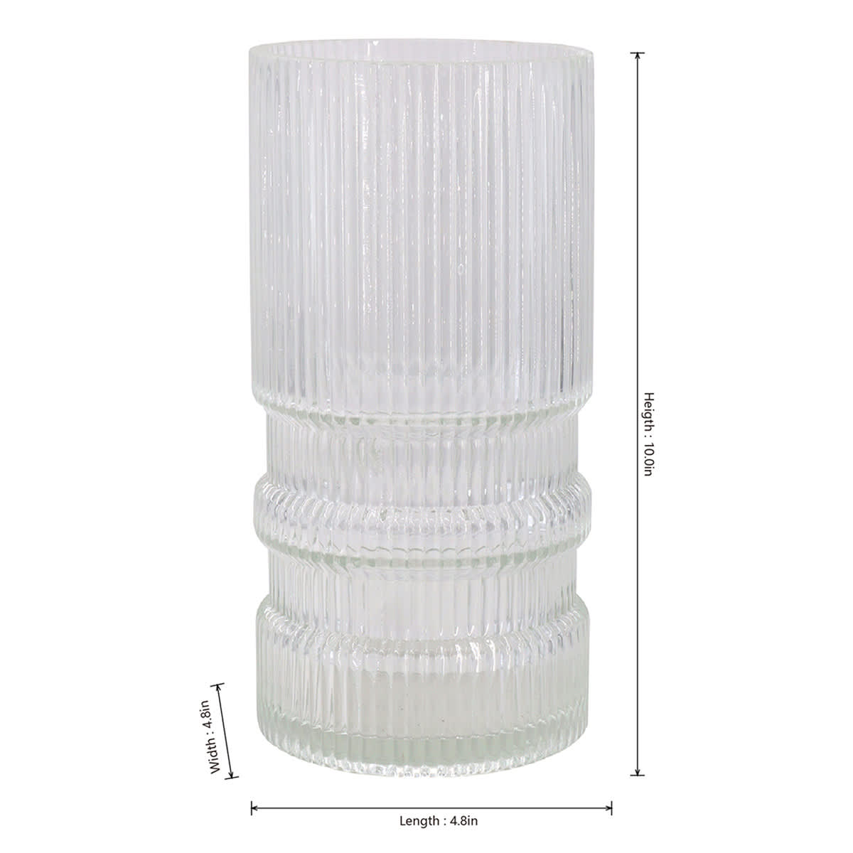 Ribbed Cylindrical Clear Glass Vase, 10"