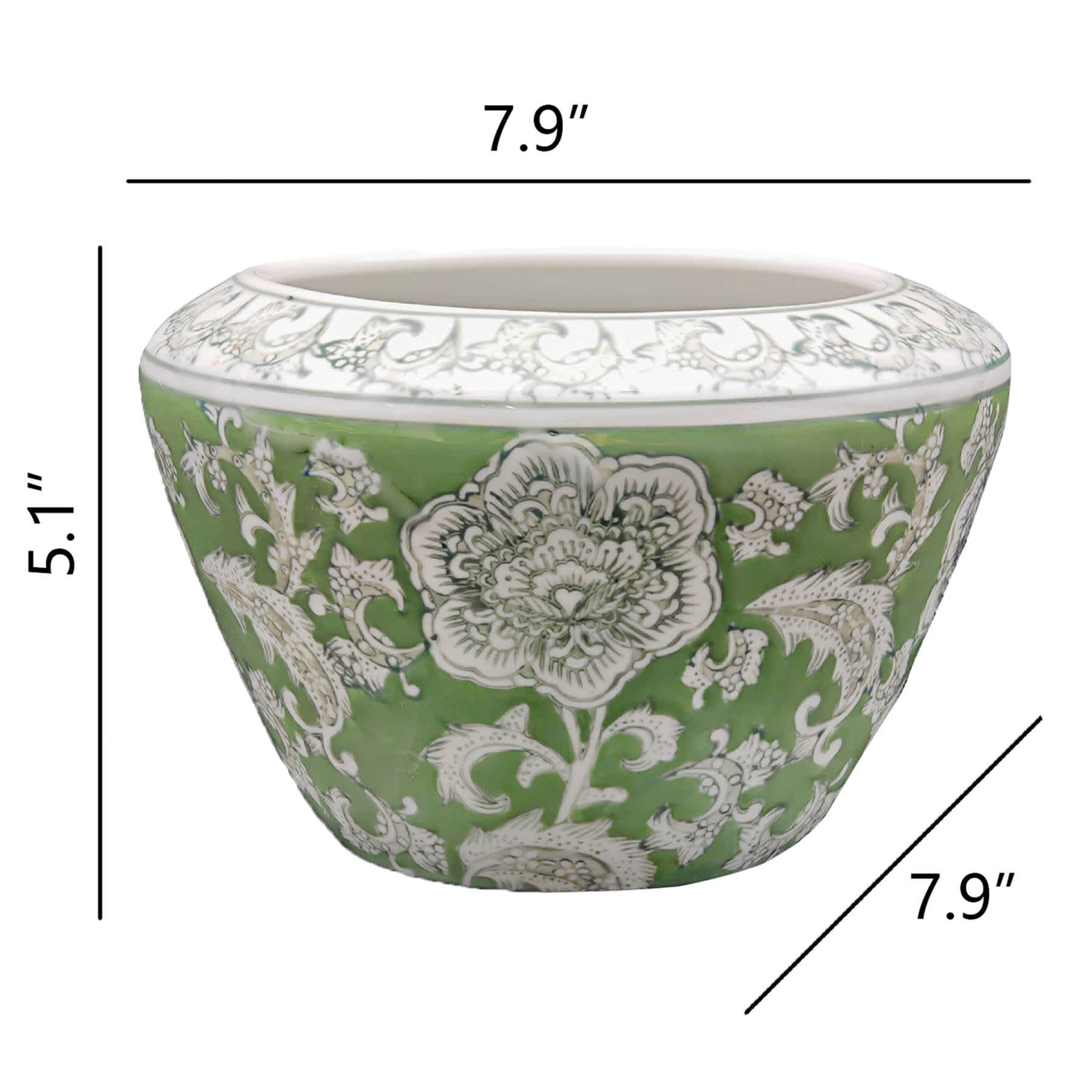 Green Chinoiserie Porcelain Wide Mouth Vase, 8x5