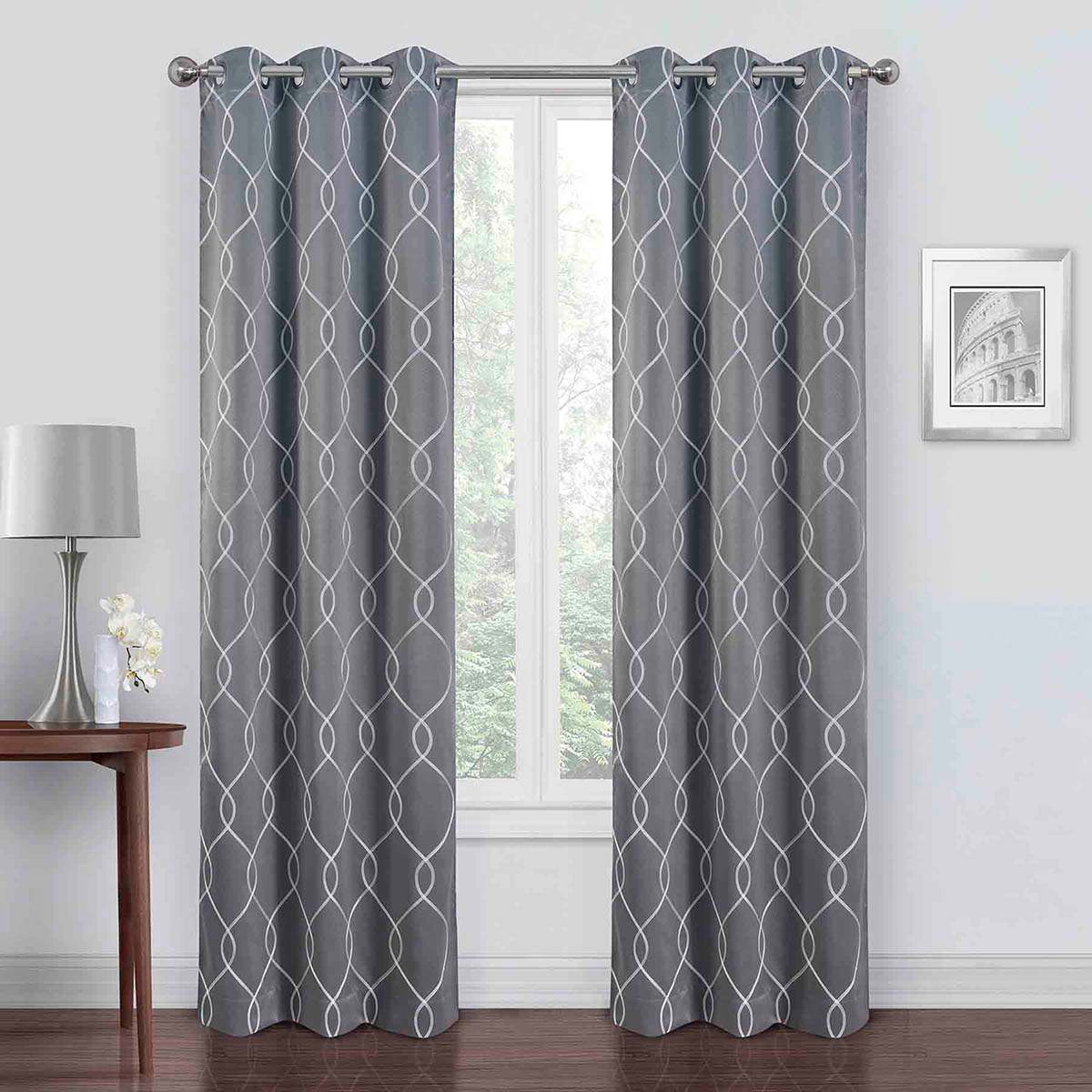 Riley Grey & White Embroidered Blackout Curtain Panel, 84"