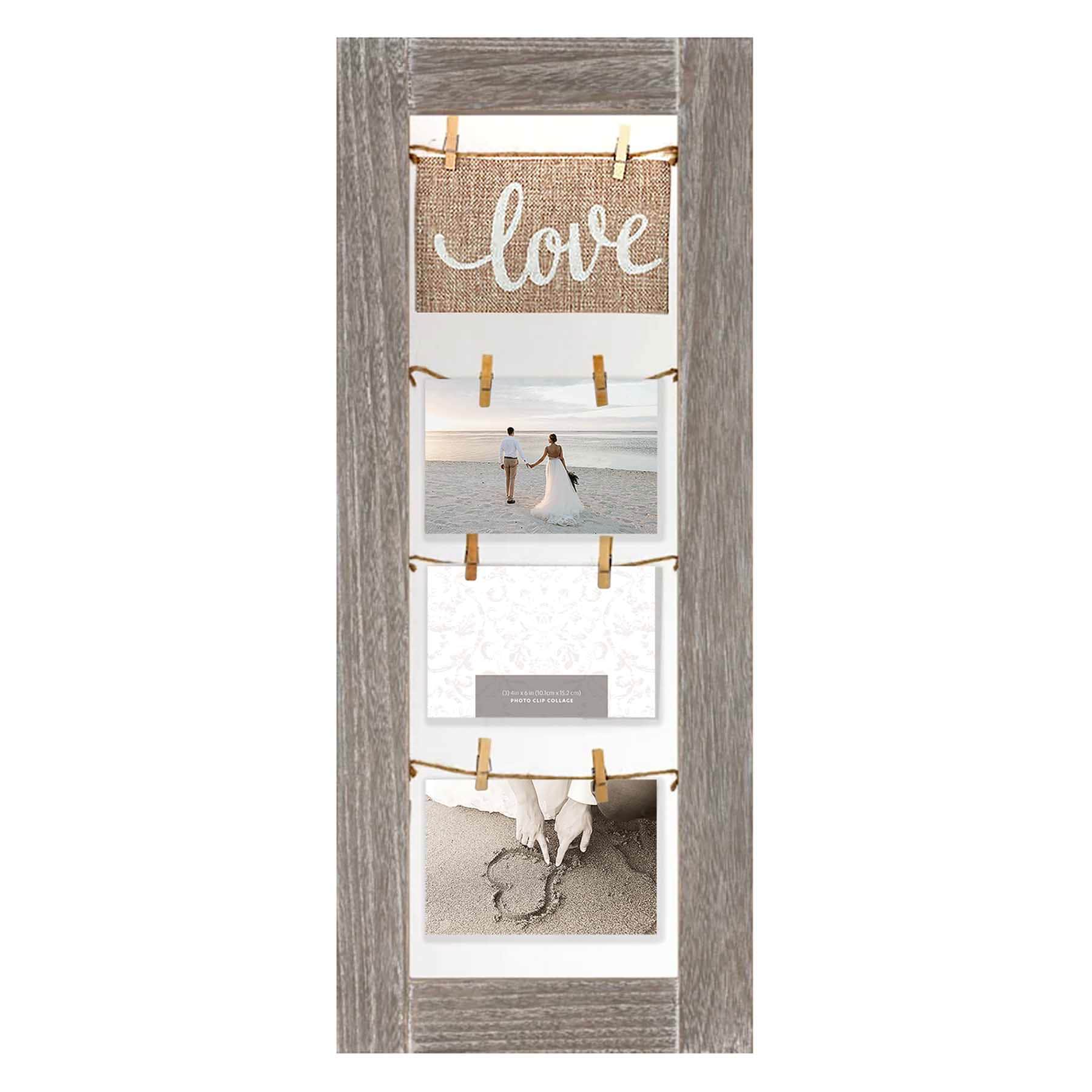 3-Opening Greywash Clothespin String Collage with Burlap Love Banner, 11.1x26.6
