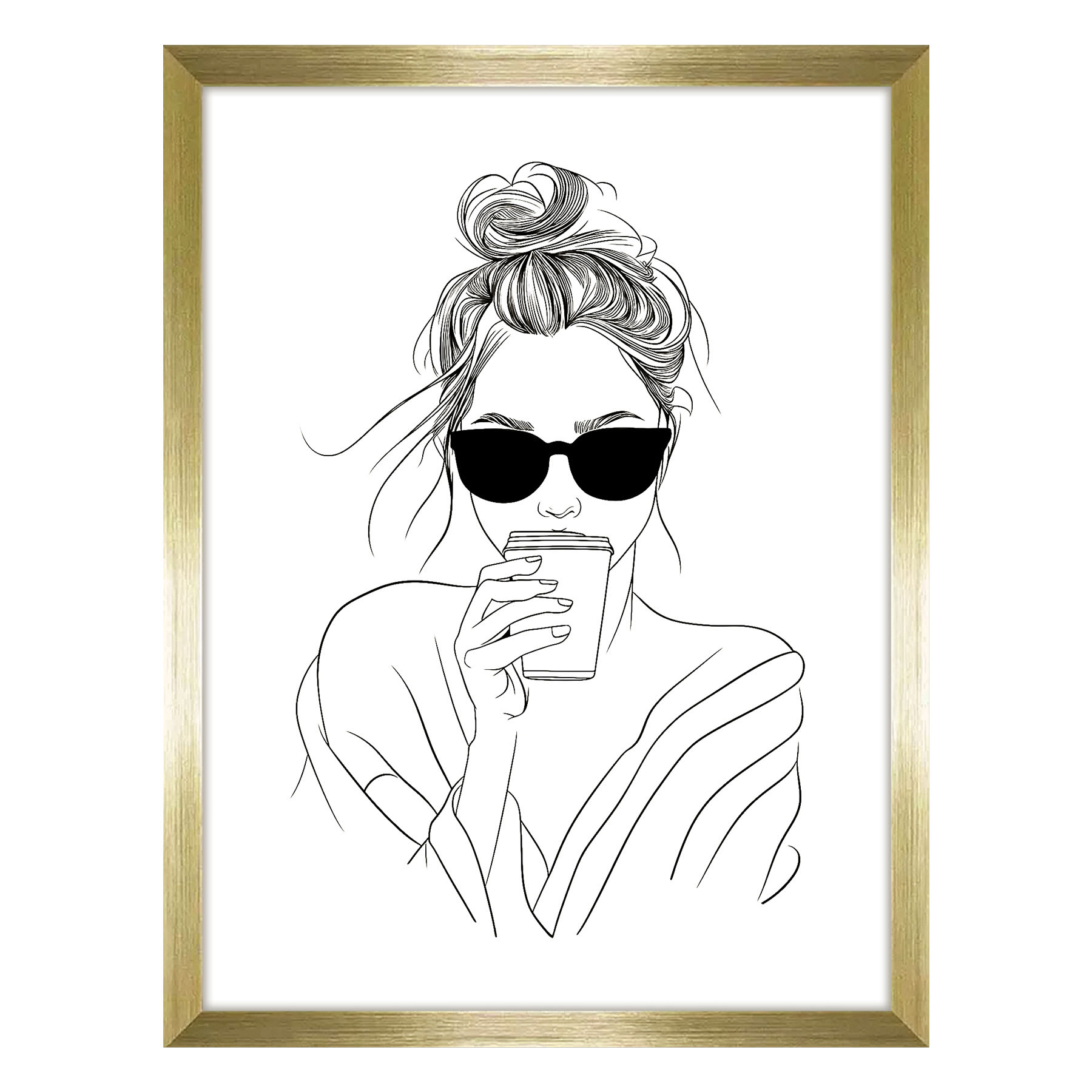 Girl Drinking Coffee Frames Line Drawing Wall Art, 17x13