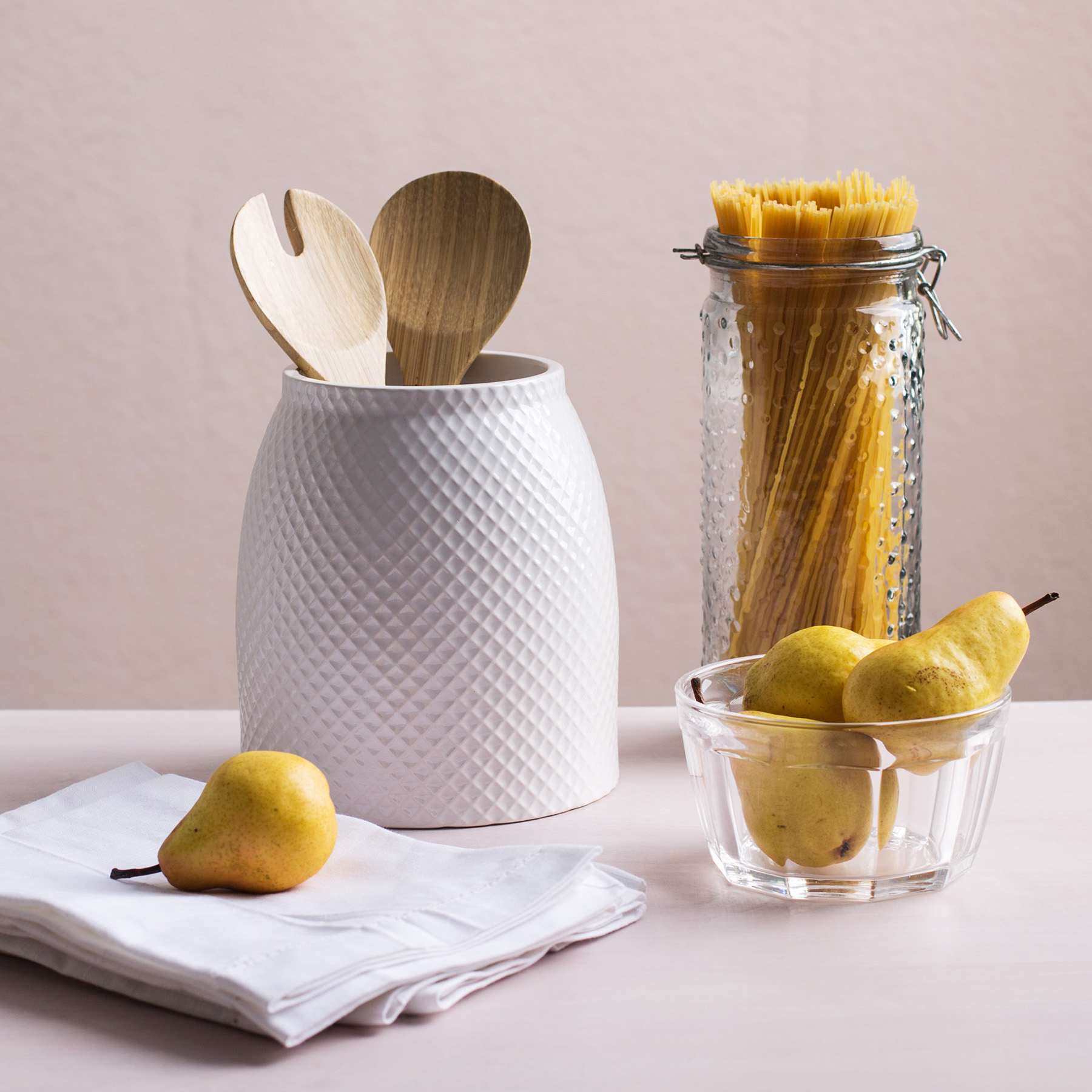 White Lattice Embossed Utensil Crock, 7"