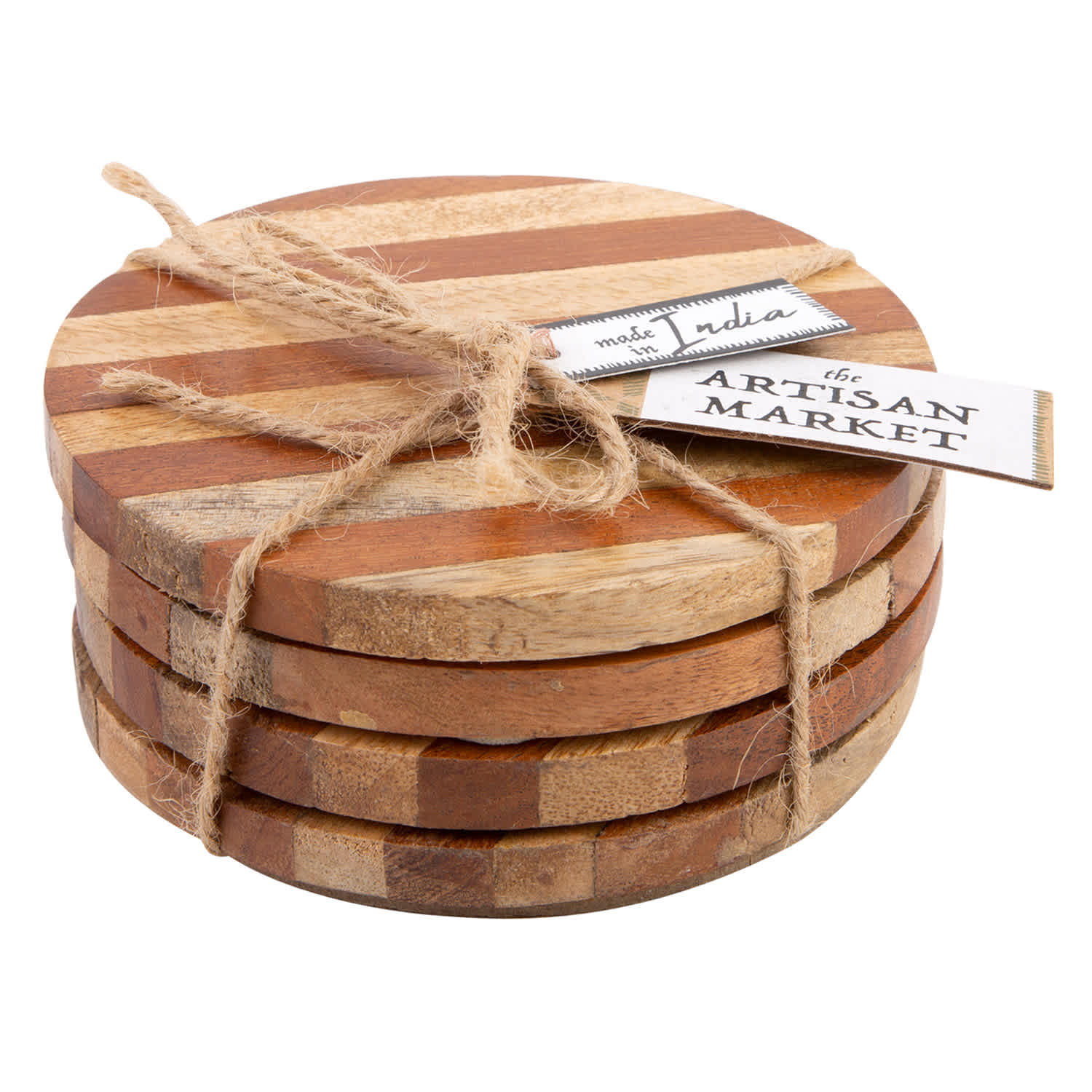 Set of 4 Inlay Striped Wooden Coasters, 4"