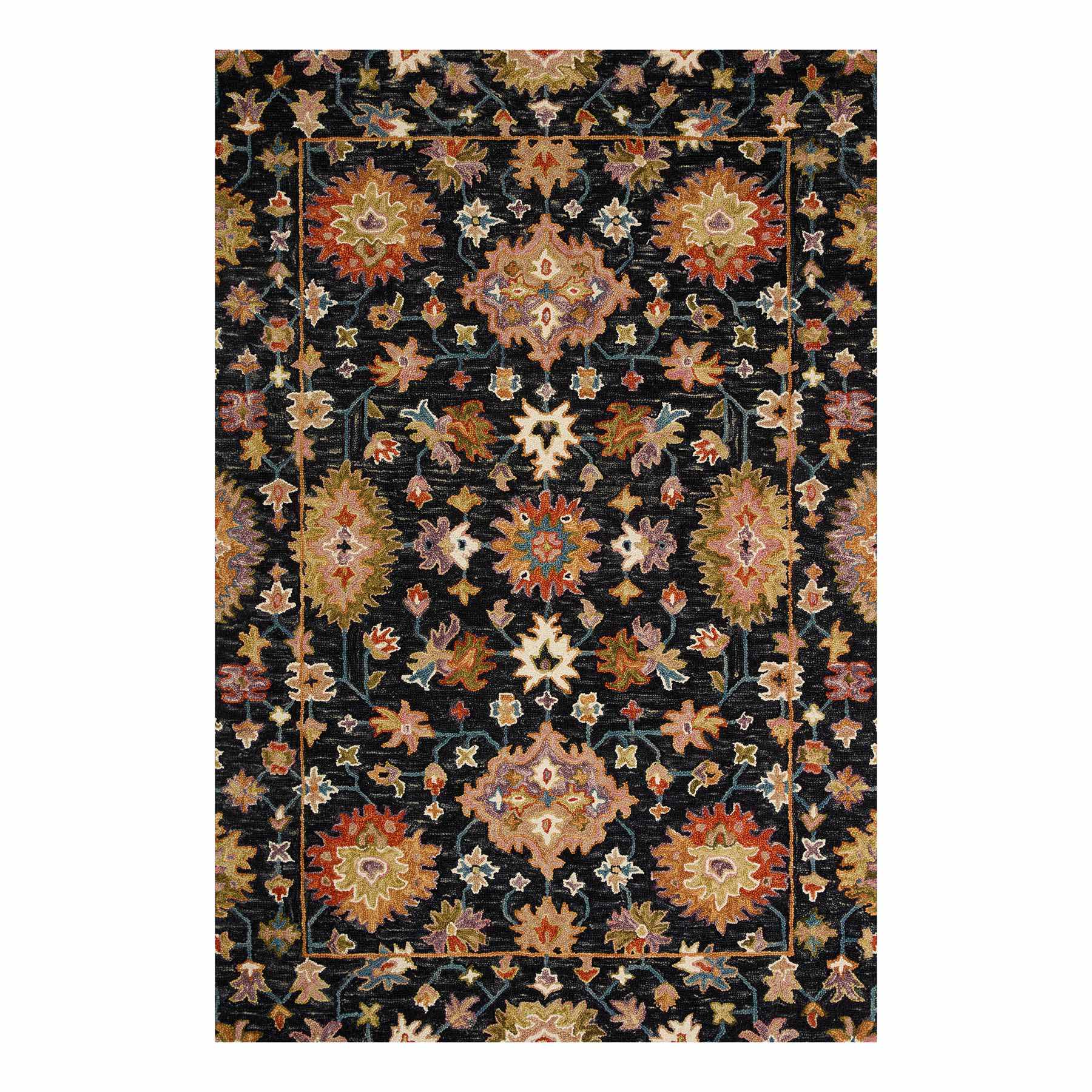 (A510) Pierce Black & Multicolor Floral Design Area Rug, 5x7