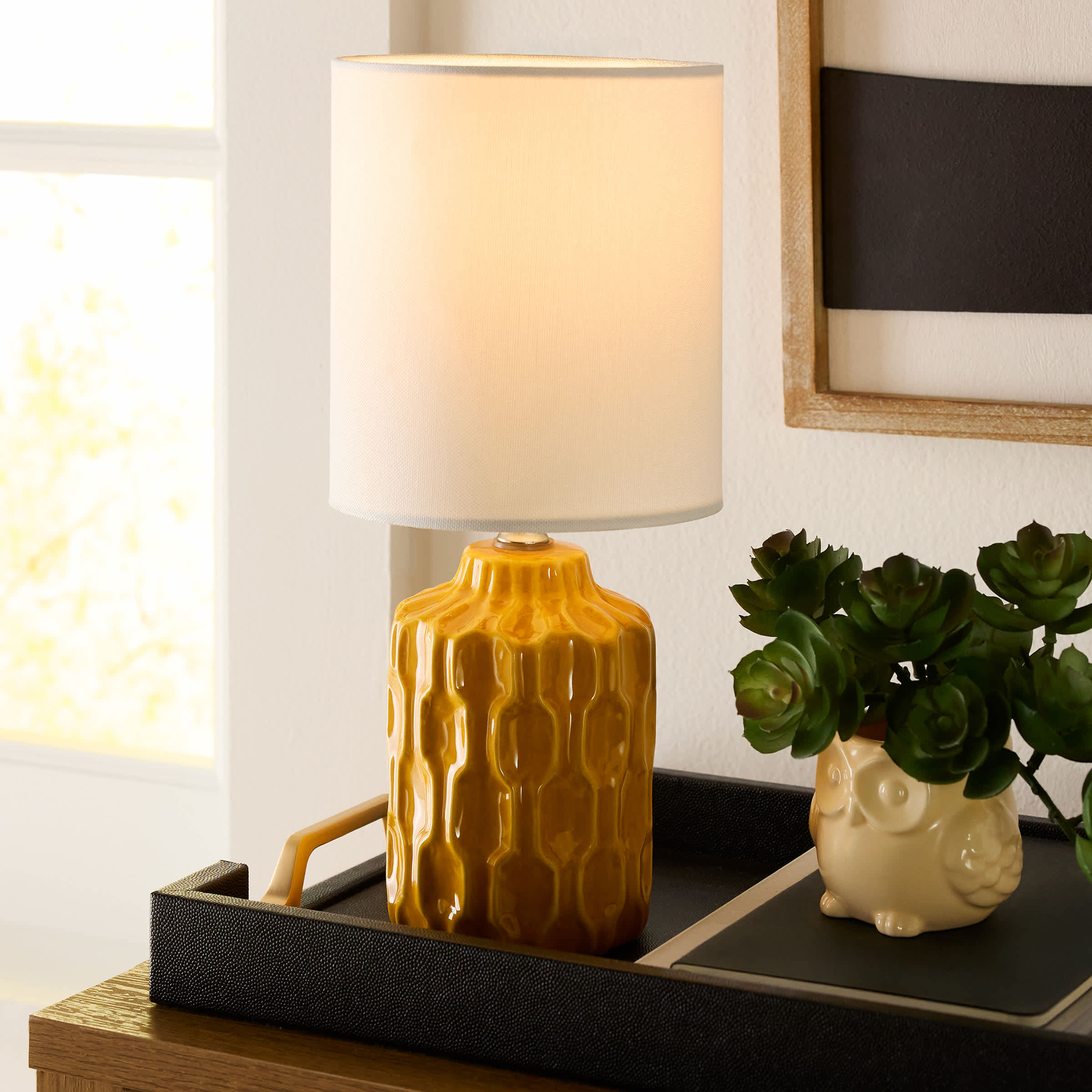 Honeybloom Yellow Groove Ceramic Mini Table Lamp with Shade, 13"