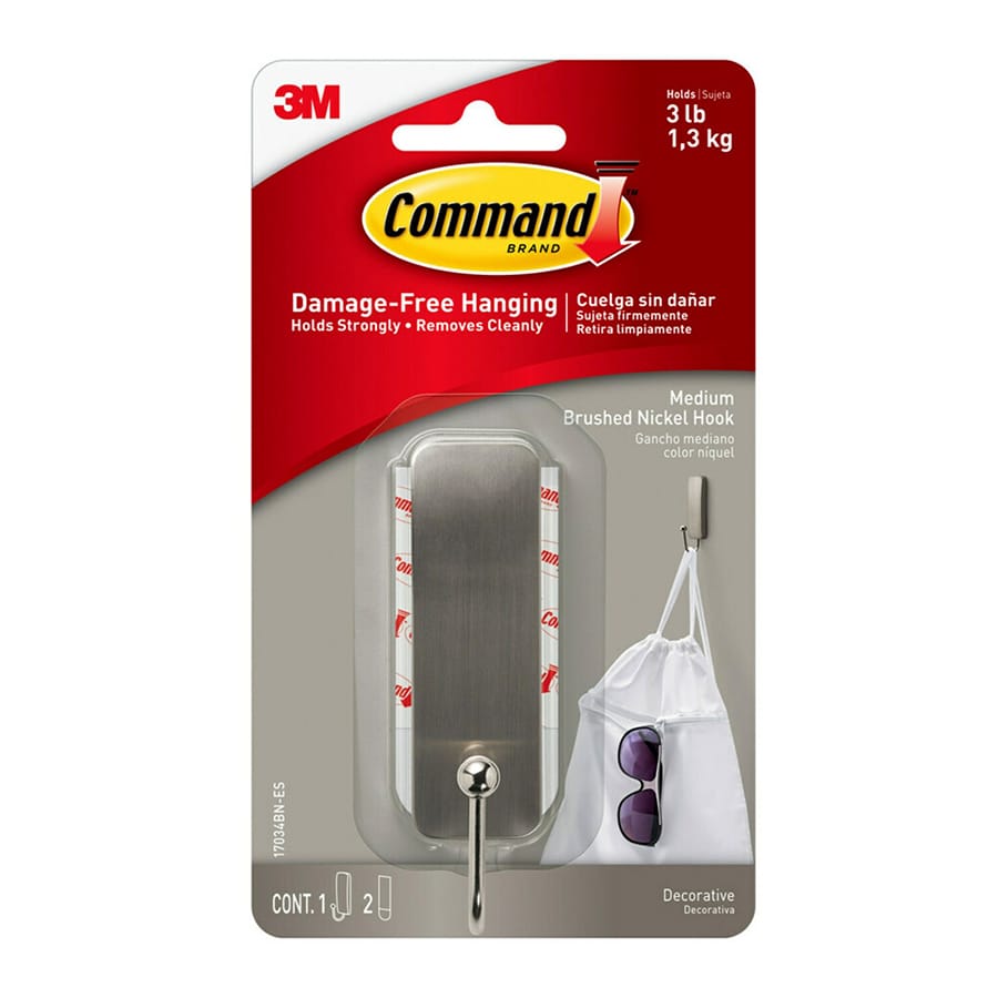 Command? Medium Brushed Nickel Hook, 1-Hook, 2-Strip