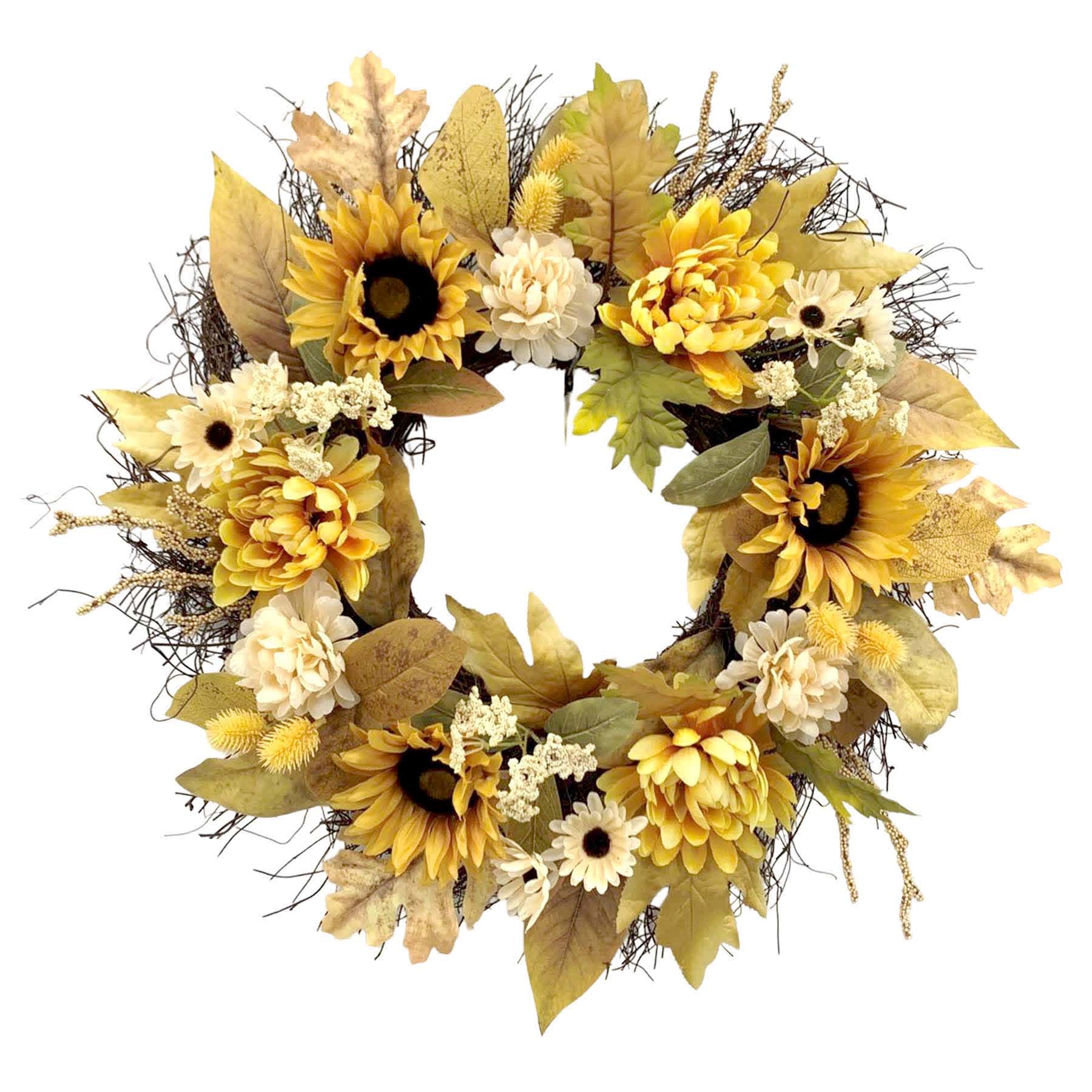 Yellow Mum Sunflower Wreath, 24"
