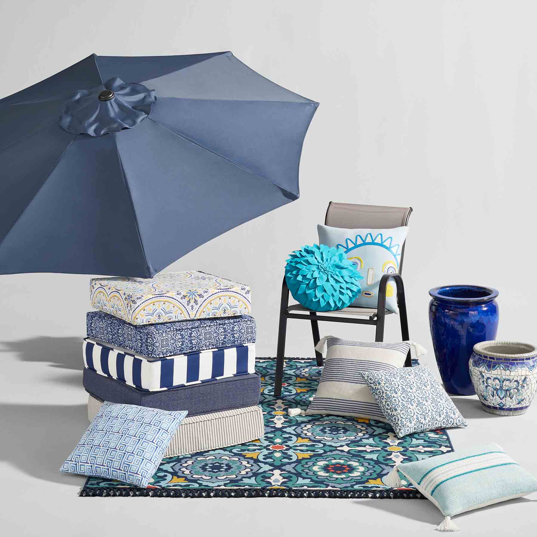 Tile Blue Petal Outdoor Throw Pillow, 18"