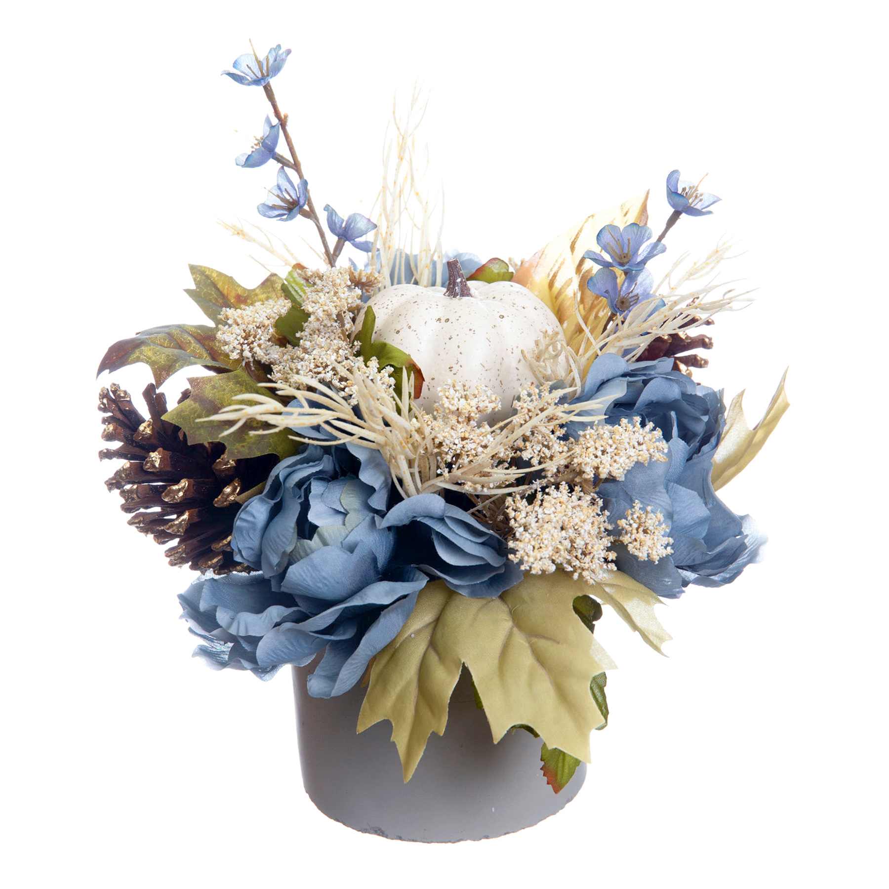Peony & Pumpkin Spray in Grey Cement Pot, 13"