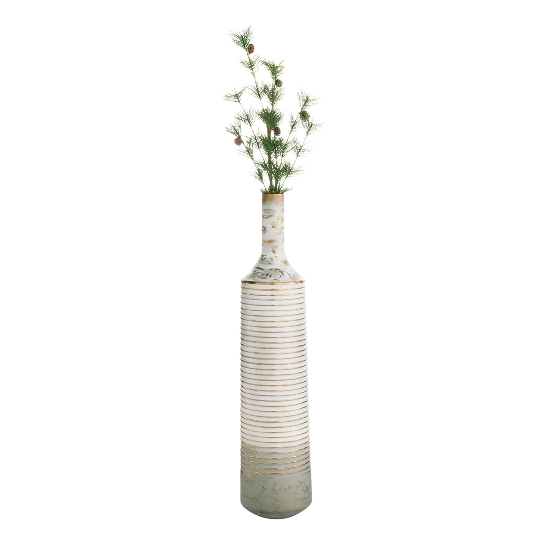 White & Gold Ribbed Floor Vase, 36"