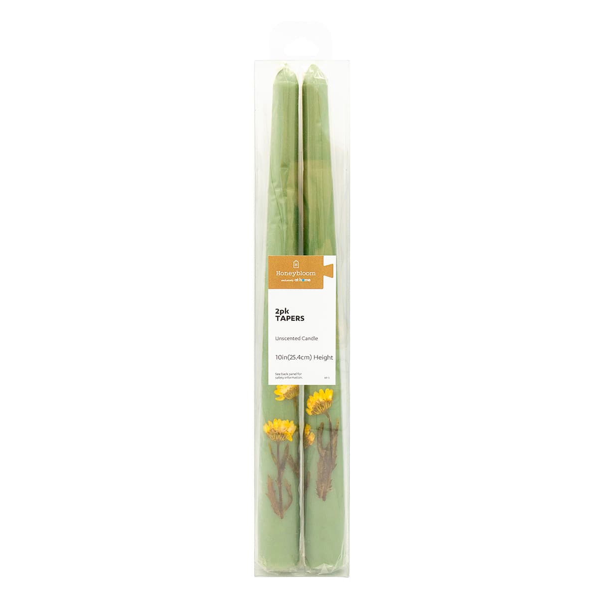 2-Pack Yellow Dried Flower Embedded Green Taper Candles, 10"