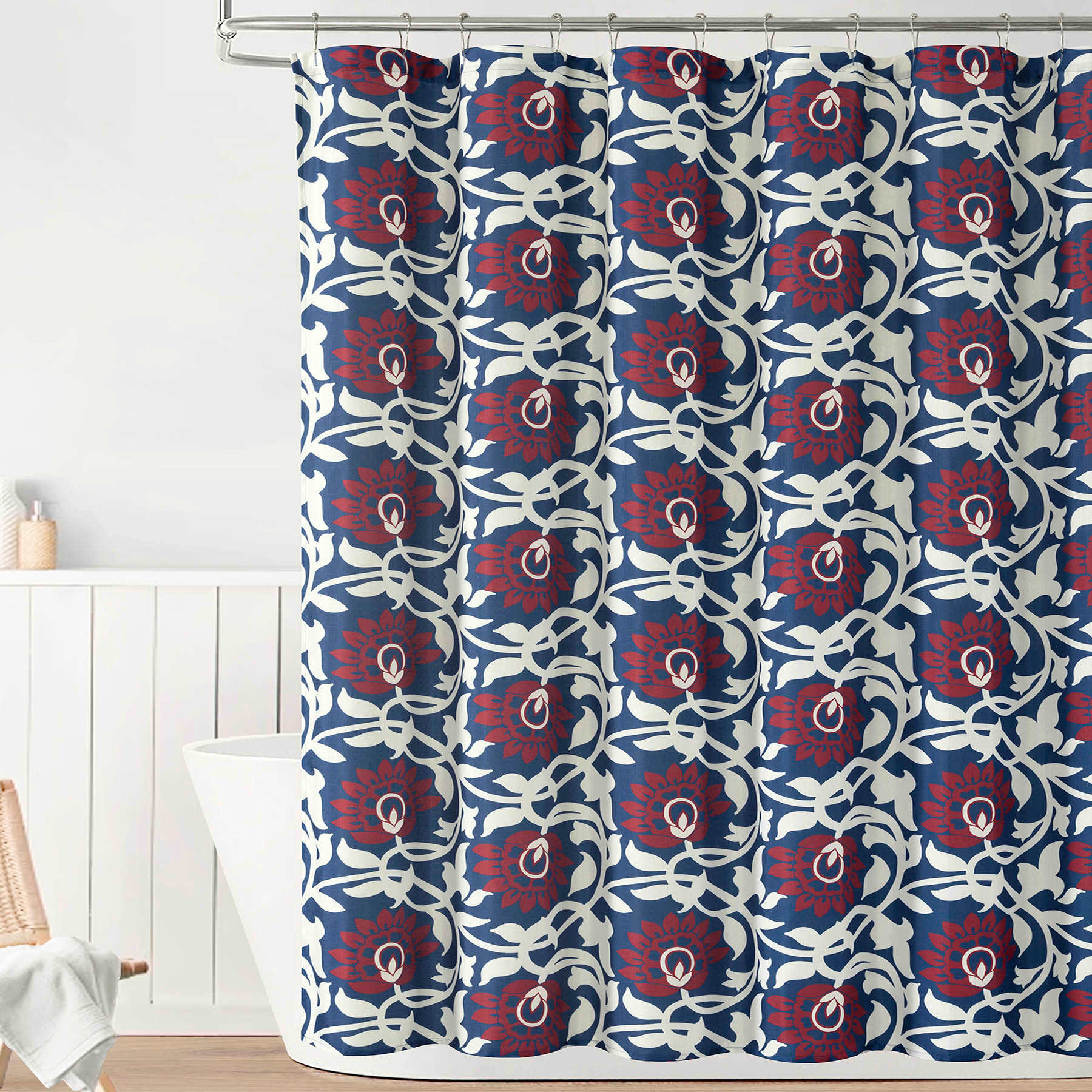 13-Piece Blue & Red Scroll Flower Shower Curtain Set, 72"