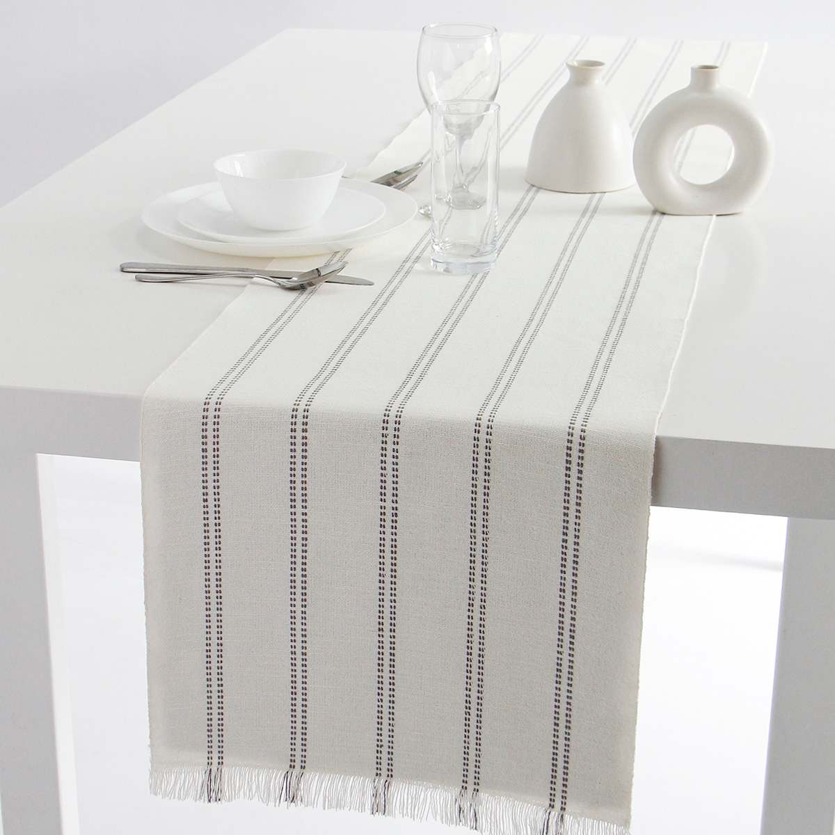 Ivory Ribbed Woven Table Runner with Grey Stripes & Fringe, 14x72