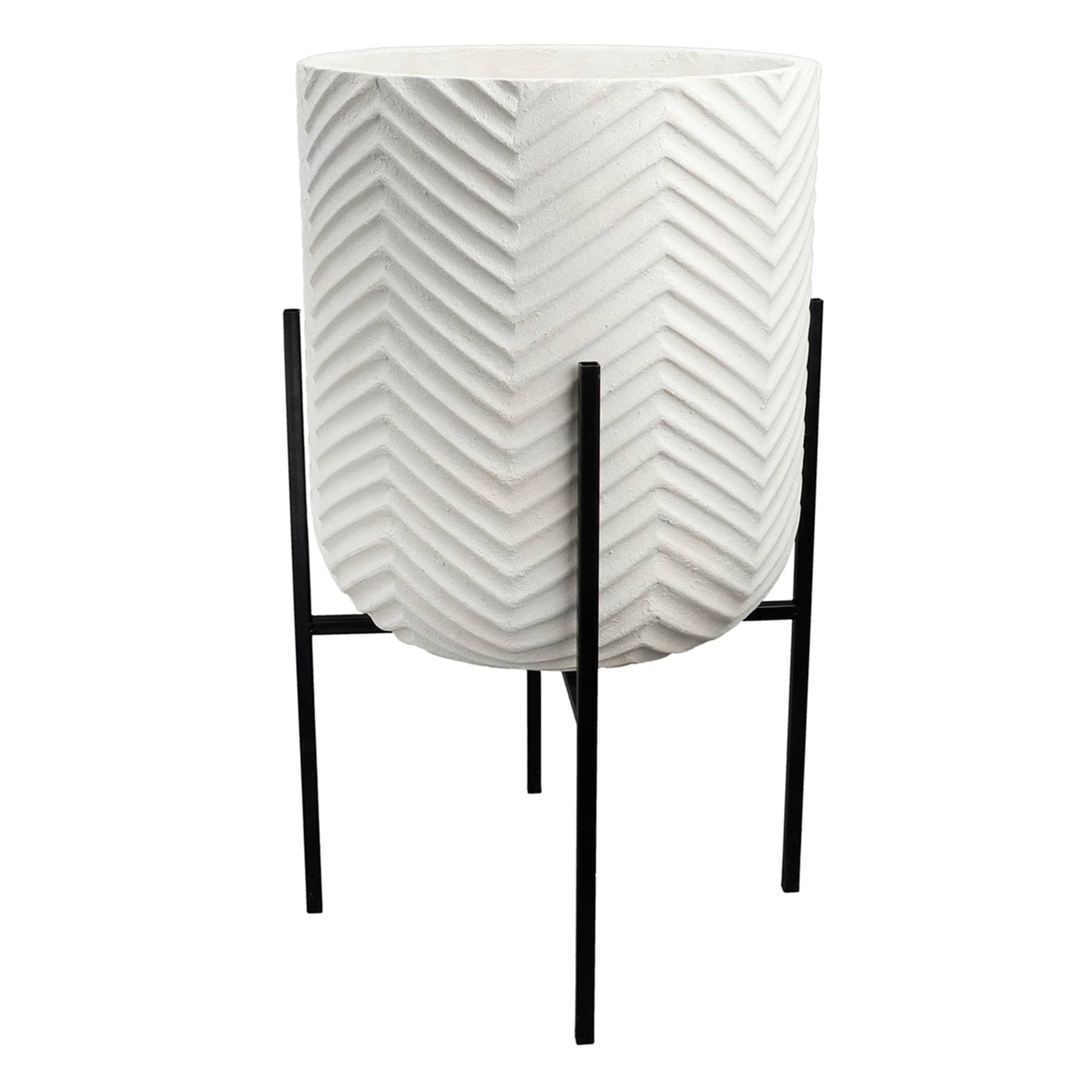 White Planter with Metal Stand, Medium