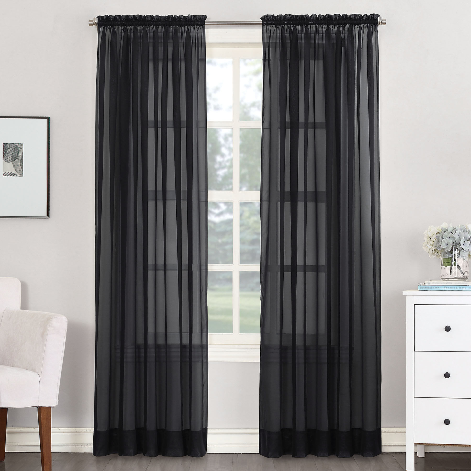 Emily Black Rod Pocket Sheer Voile Curtain Panel, 84"