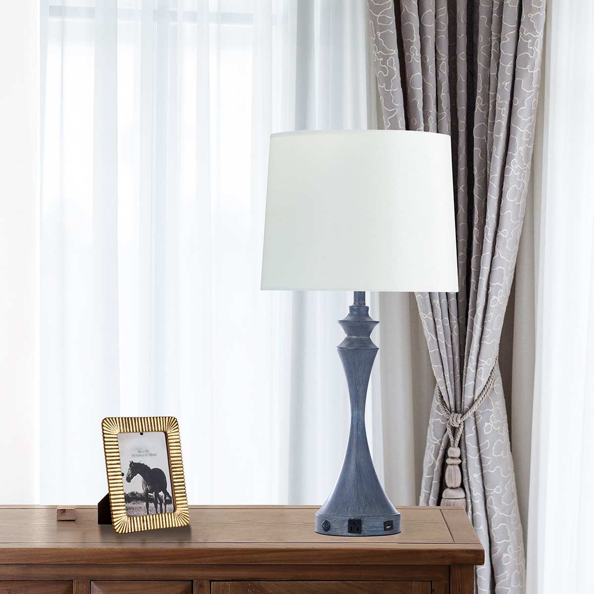 Blue Hourglass Metal Large Large Table Lamp Base with USB, 24"