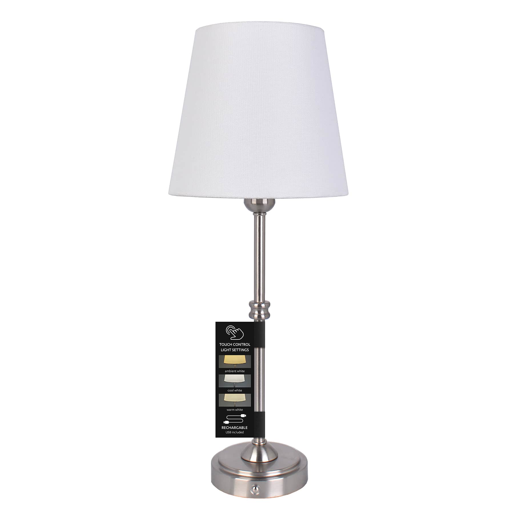 Brushed Silver Touch Dimmer Portable Rechargeable Buffet Lamp, 18"
