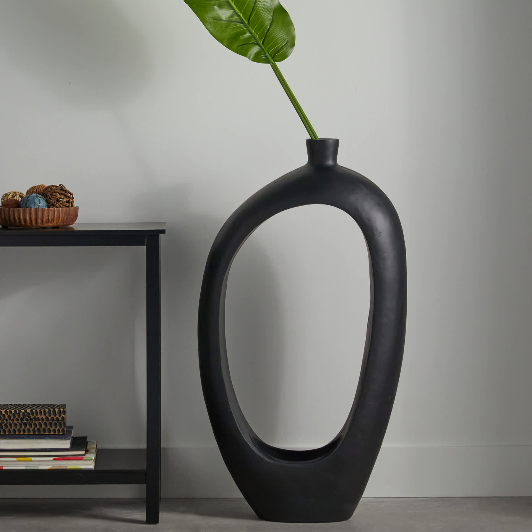 Black Open Circle Floor Vase, 40"