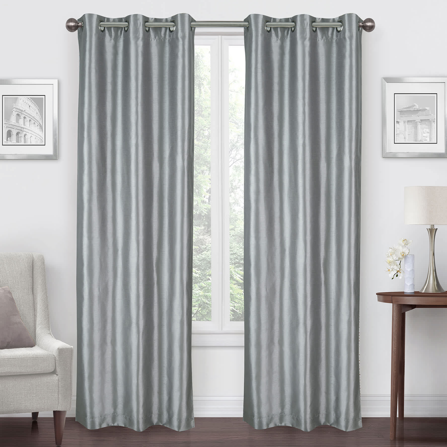 Grey Faux Silk Blackout Grommet Curtain Panel, 63"