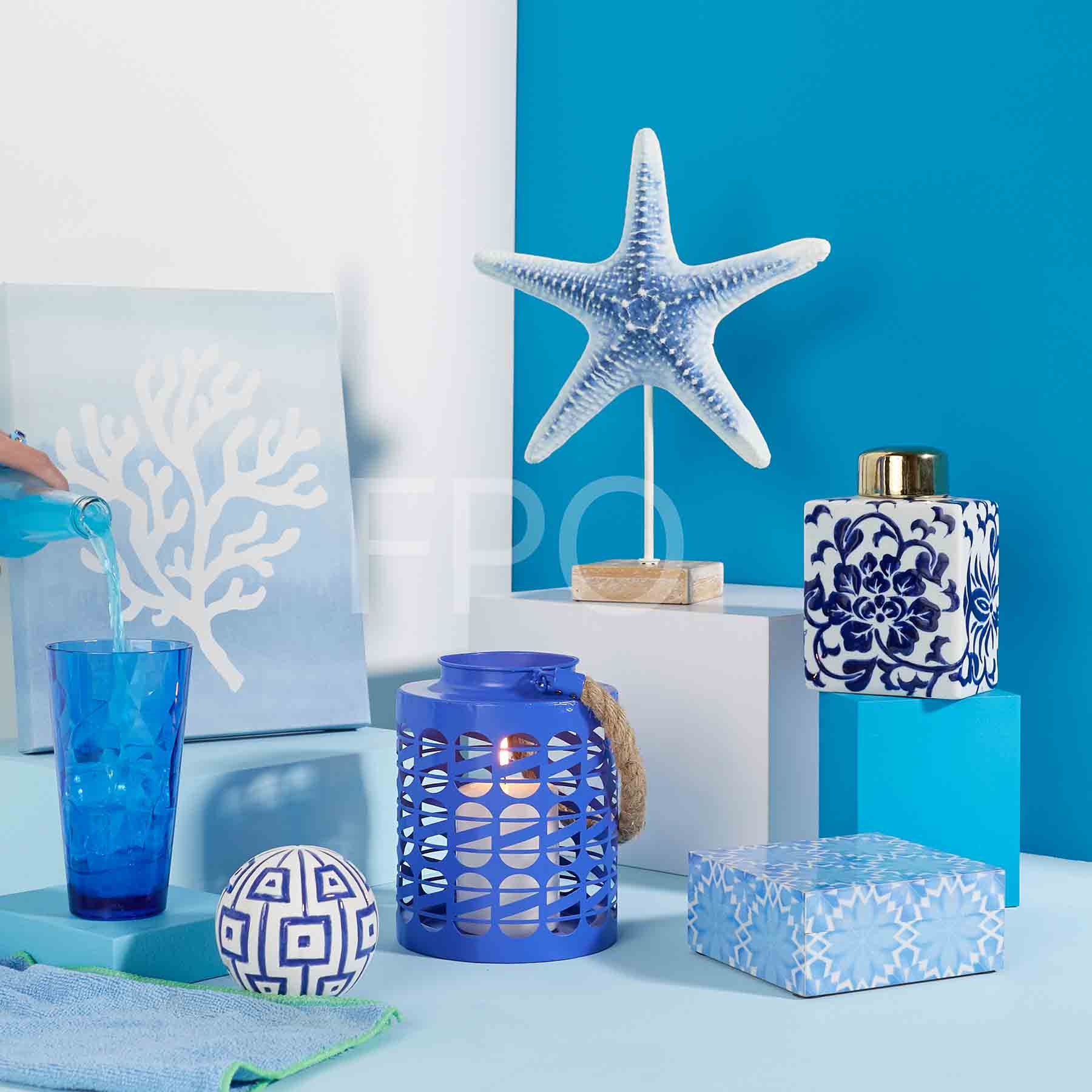 Blue Ceramic Floral Jar with Golden Lid, 7"