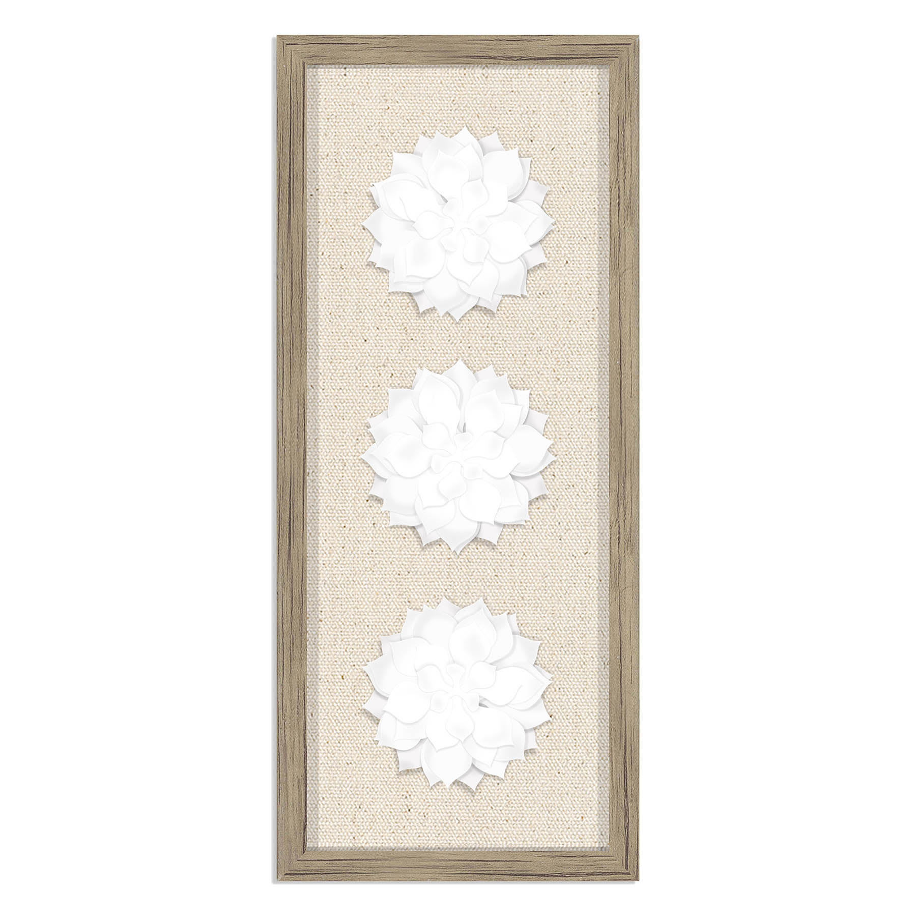 8x20 White 3D Succulents on Linen Framed Wall Art