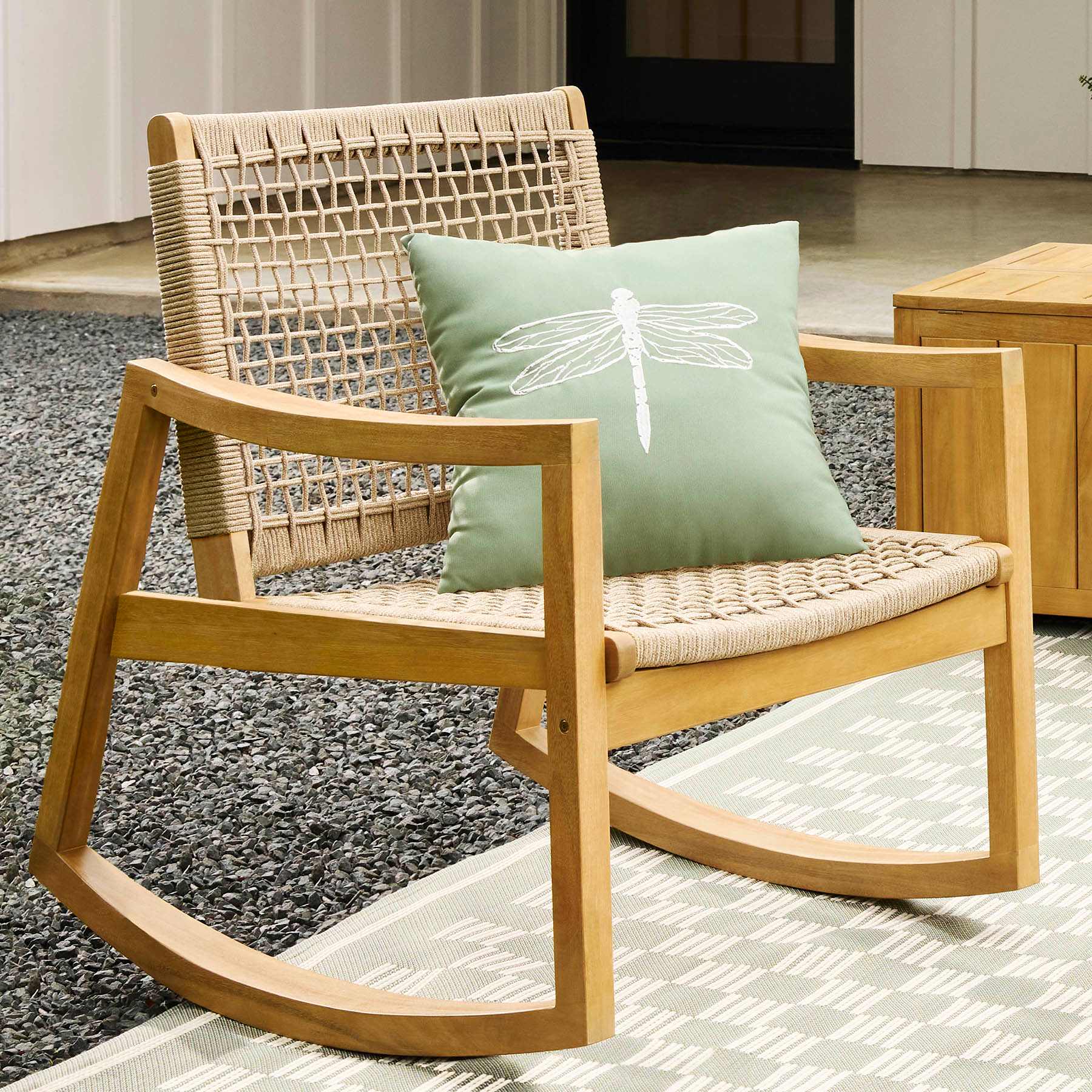 Haven Blonde Acacia Wood & Tan Rope Rocking Patio Chair
