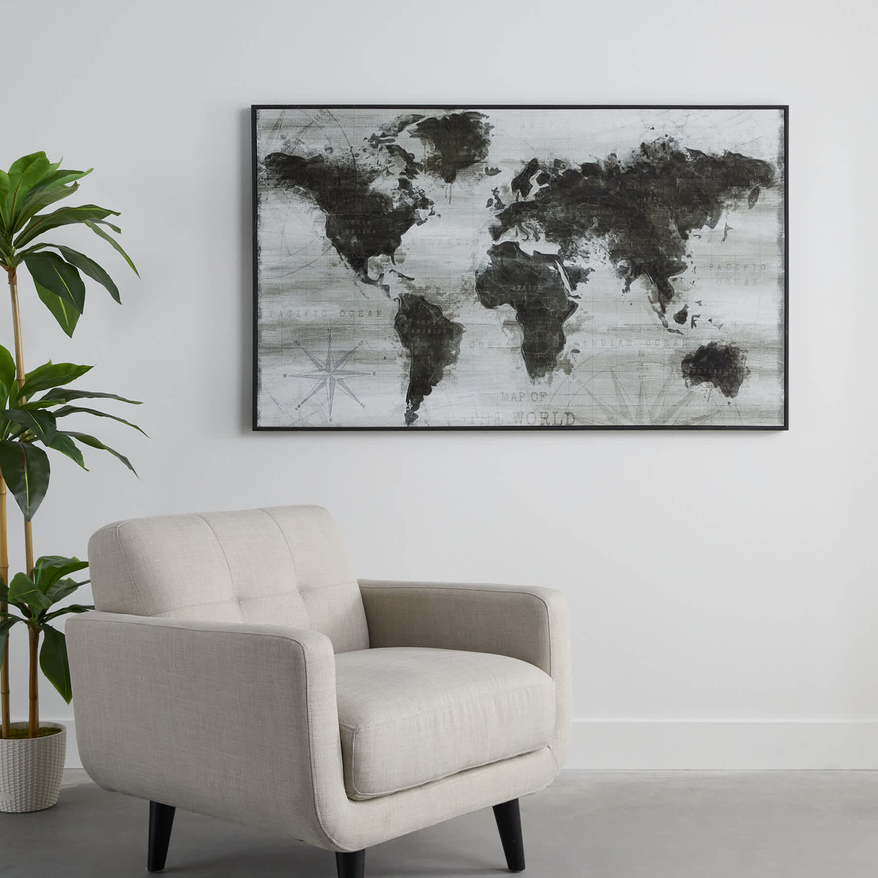 Found & Fable Black & White Map Framed Canvas Wall Art, 61x36