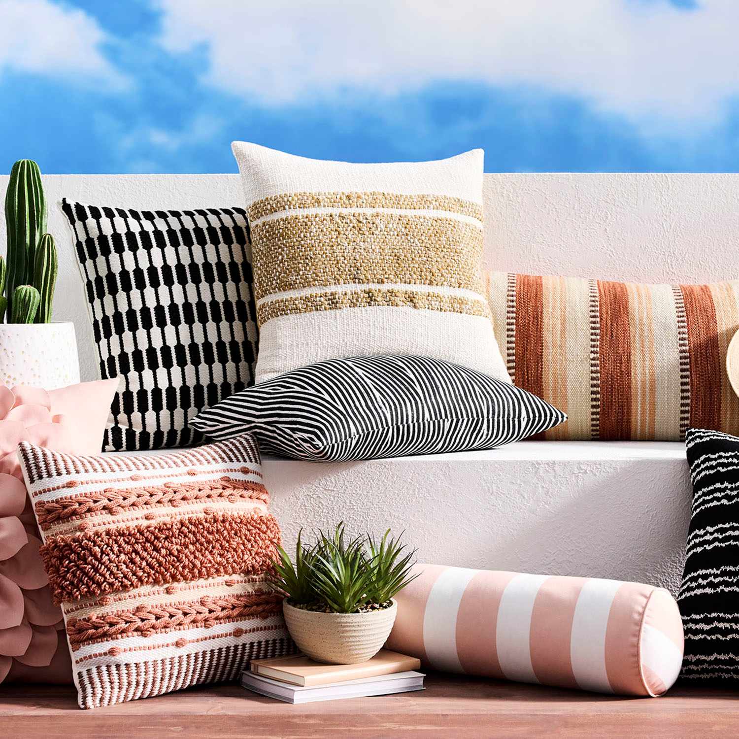 Rust & Natural Block Stripe Outdoor Lumbar Throw Pillow with Tassels, 14x22