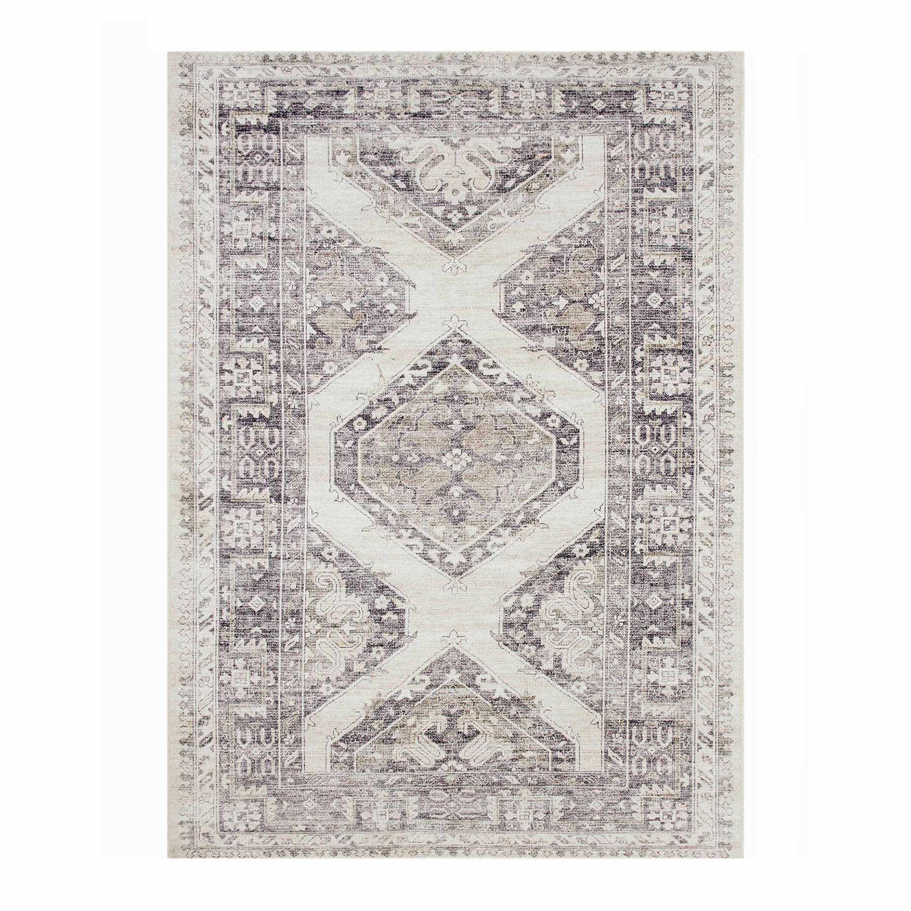(B829) Grey & White Floral Washable Area Rug, 5x7