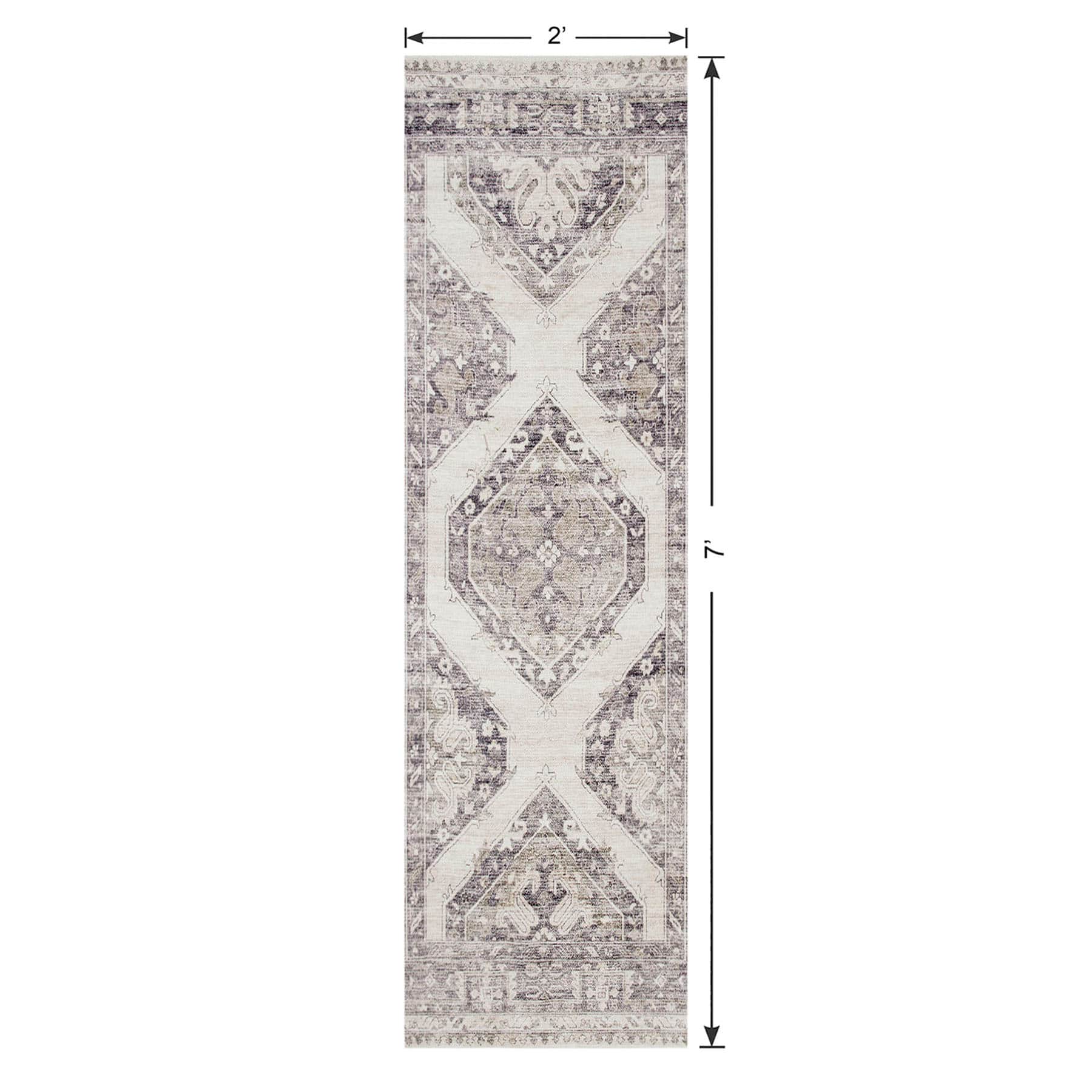(B829) Grey & White Floral Washable Runner, 2x7