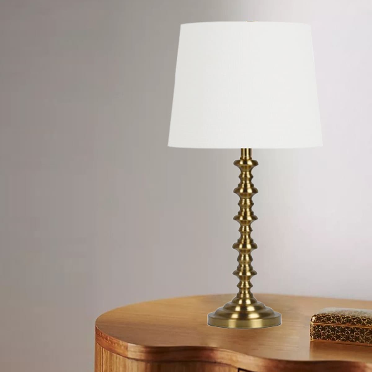 Brass Metal Turned Small Lamp with Shade, 21"