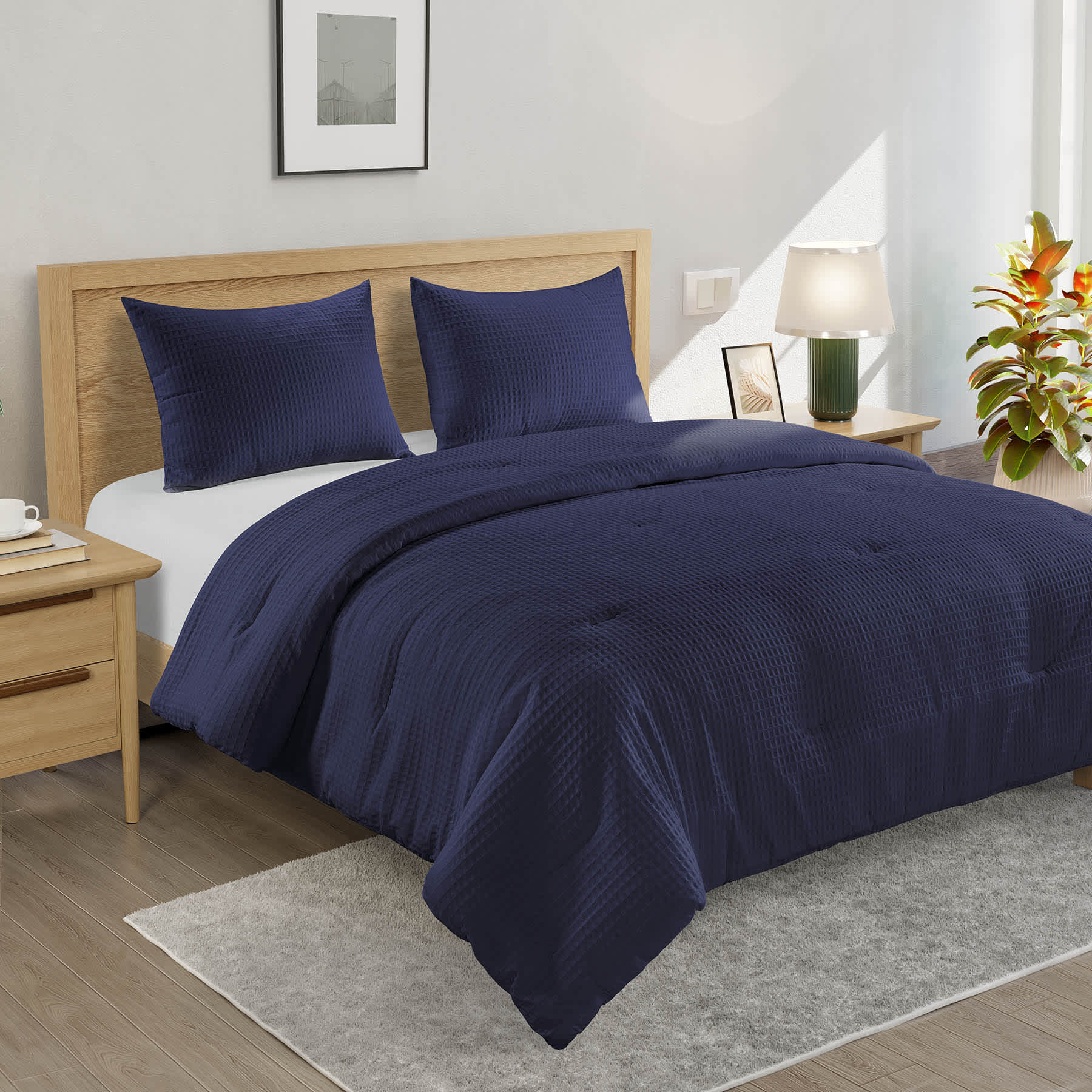 Crosby St. 3-Piece Navy Blue Washed Cotton Waffle Comforter Set, Full/Queen