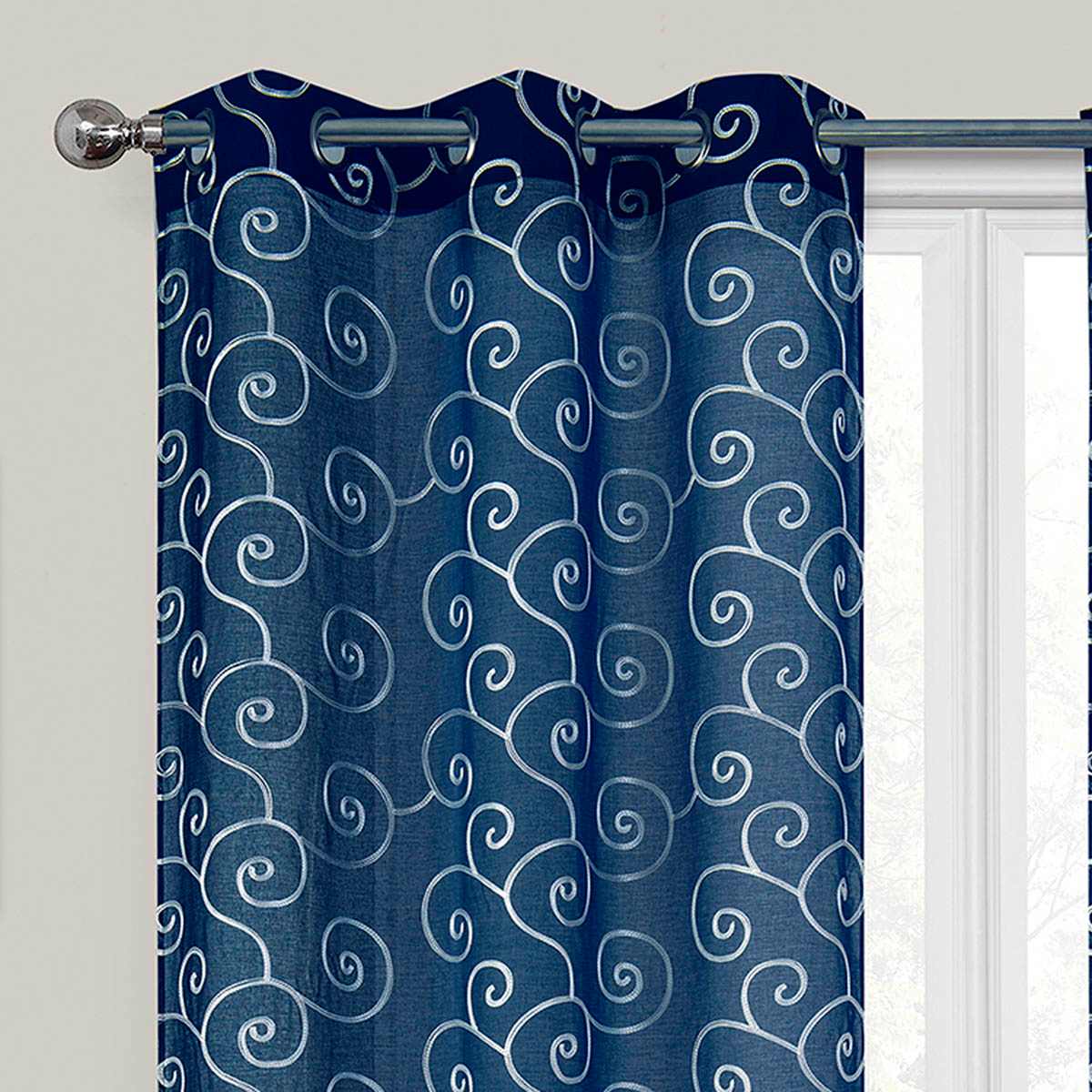 2-Pack Navy Blue Embroidered Scroll Grommet Curtain Panels, 84"