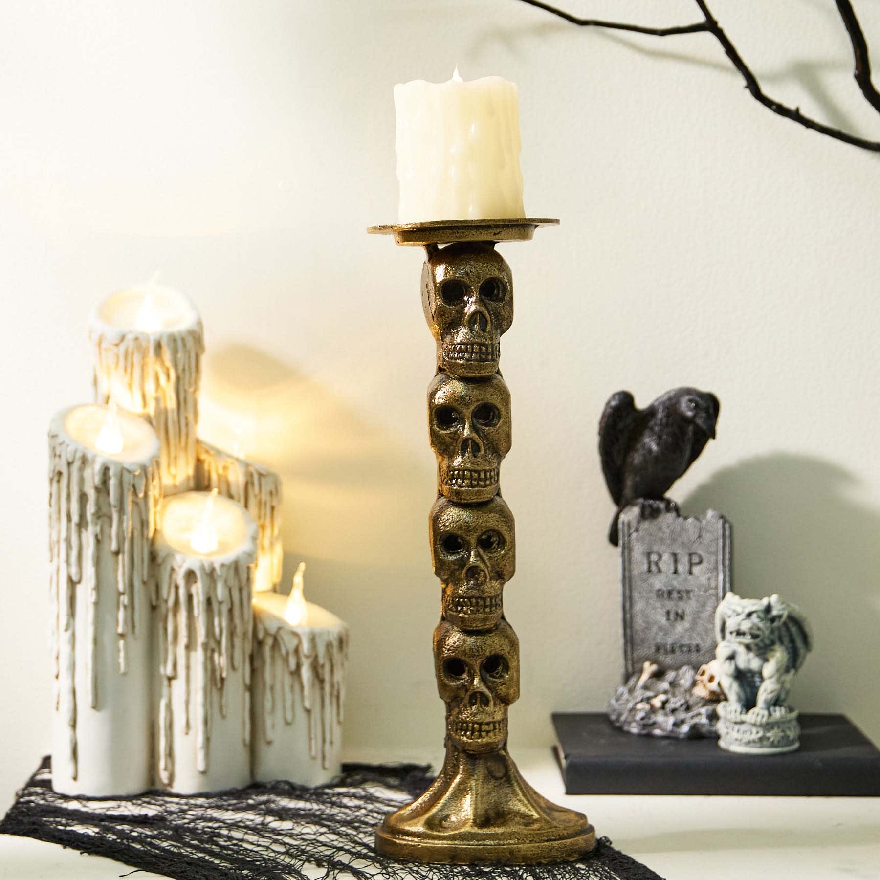 Midnight Shadows Skulls Pillar Holder in Antique Gold Finish, 16"