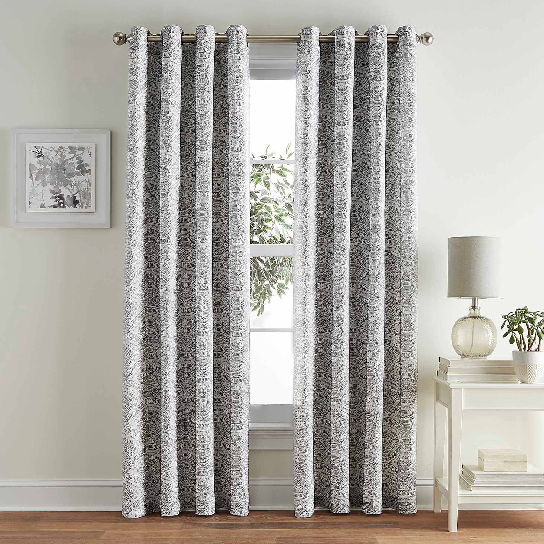 Grey Geometric Jacquard Light Filtering Grommet Curtain Panel, 84"