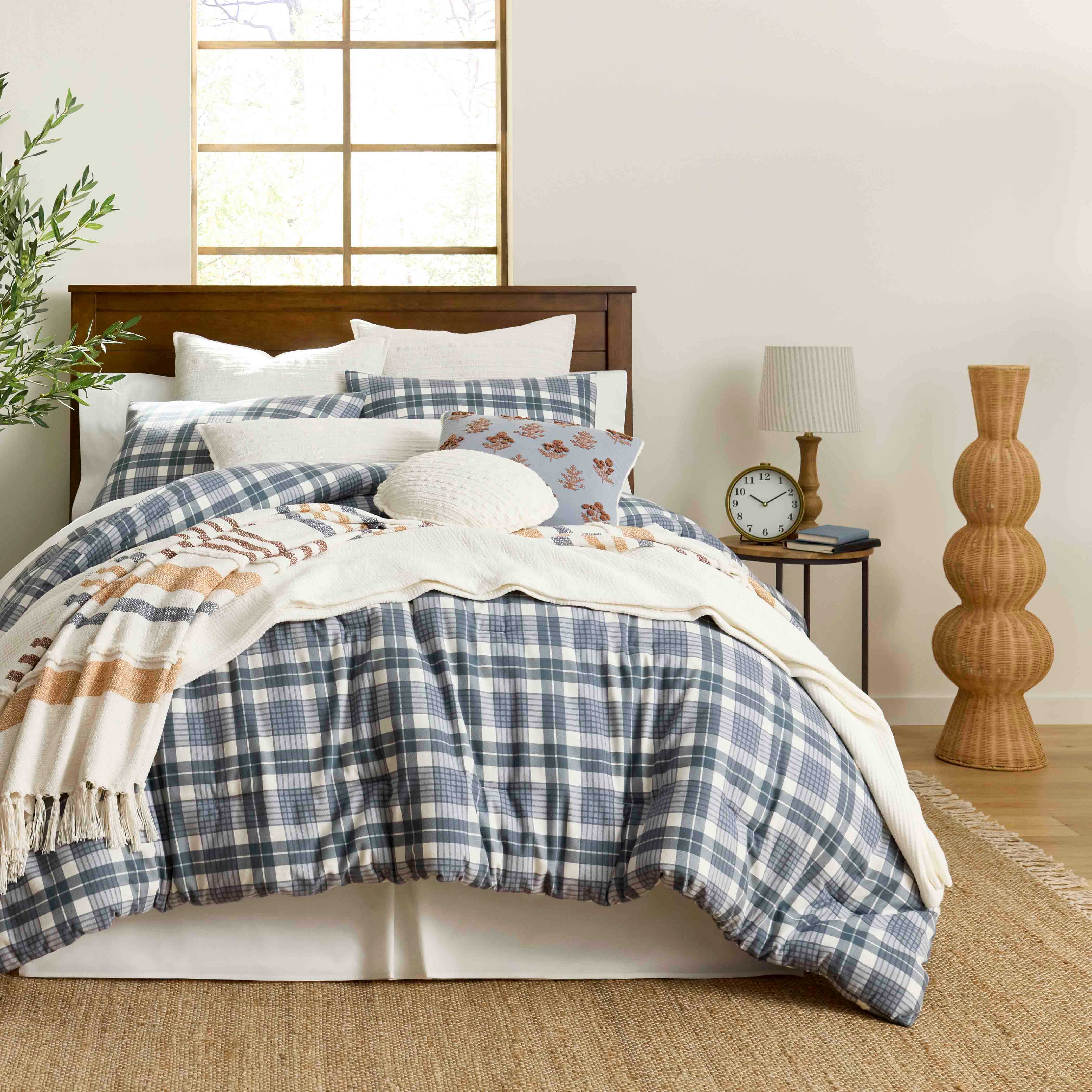 Honeybloom Beige Wood Medium Table Lamp with Striped Shade, 24"