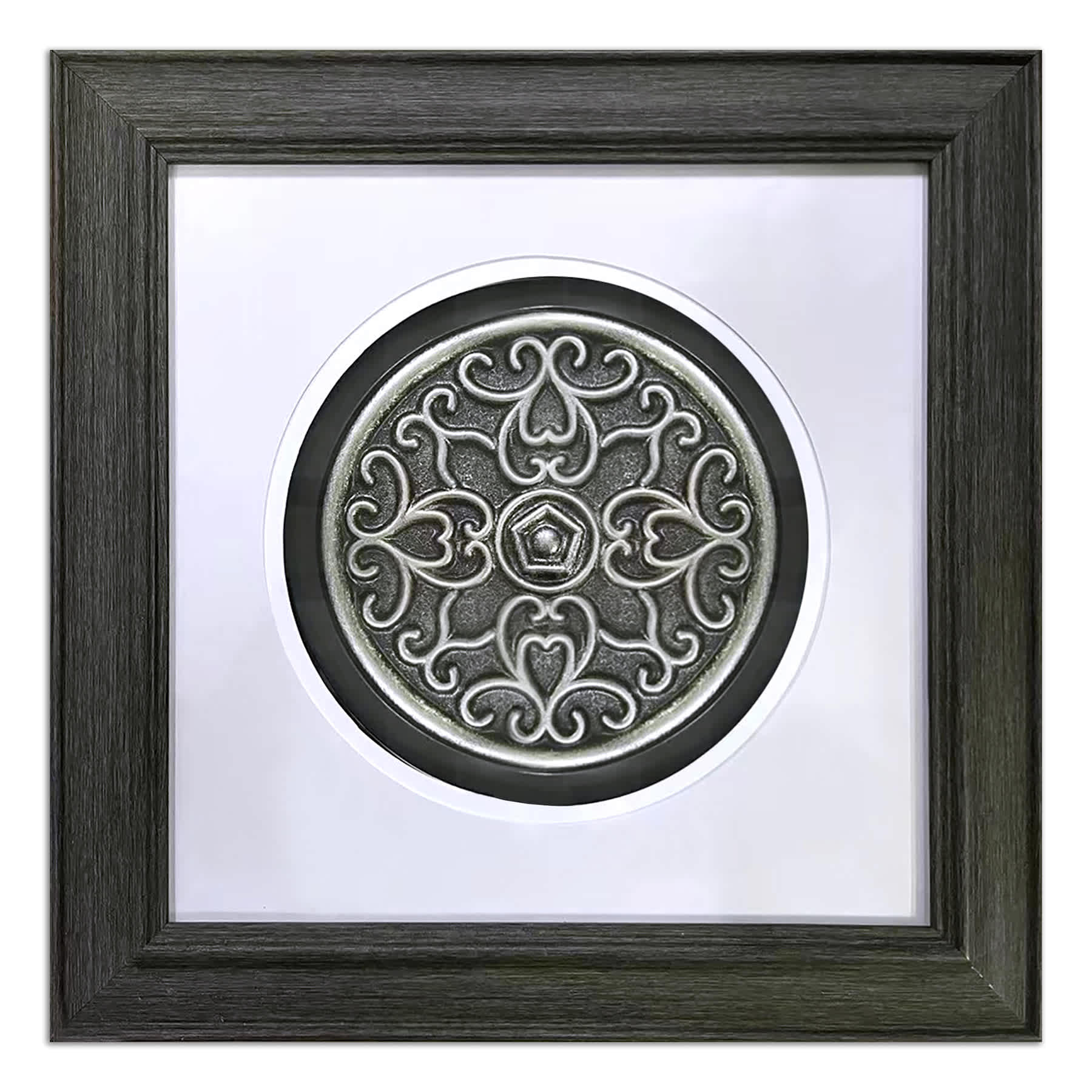 Glass Framed Ornate Pewter Medallion Wall Décor, 15"