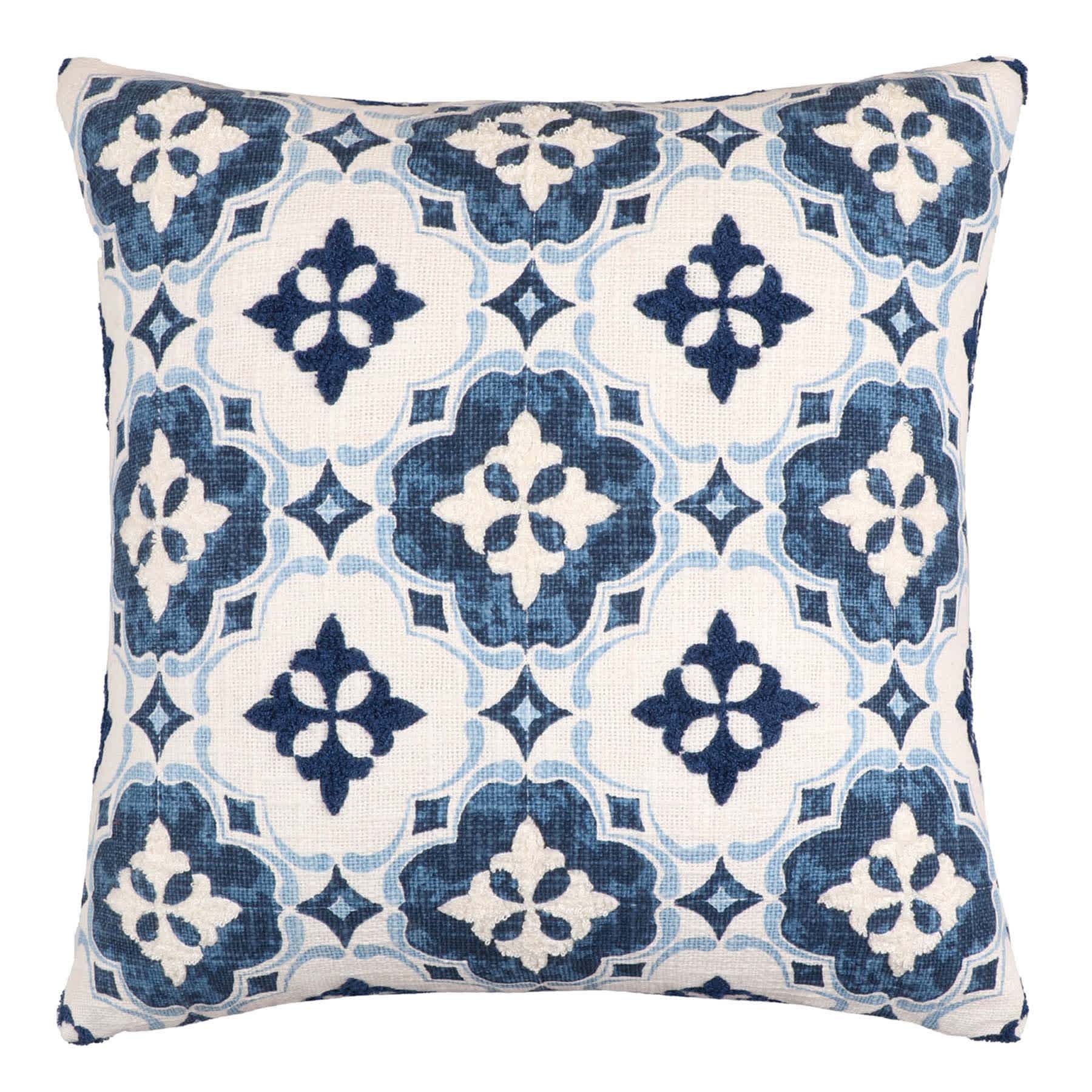 Honeybloom Blue Coastal Tile Embroidered Throw Pillow, 18"