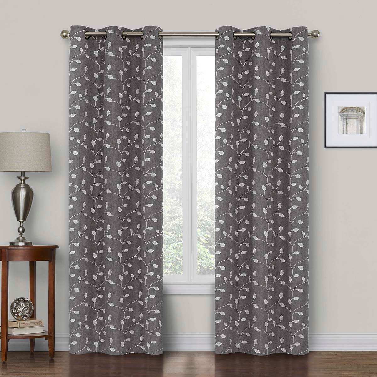Grey Embroidered Blackout Grommet Curtain Panel, 84"