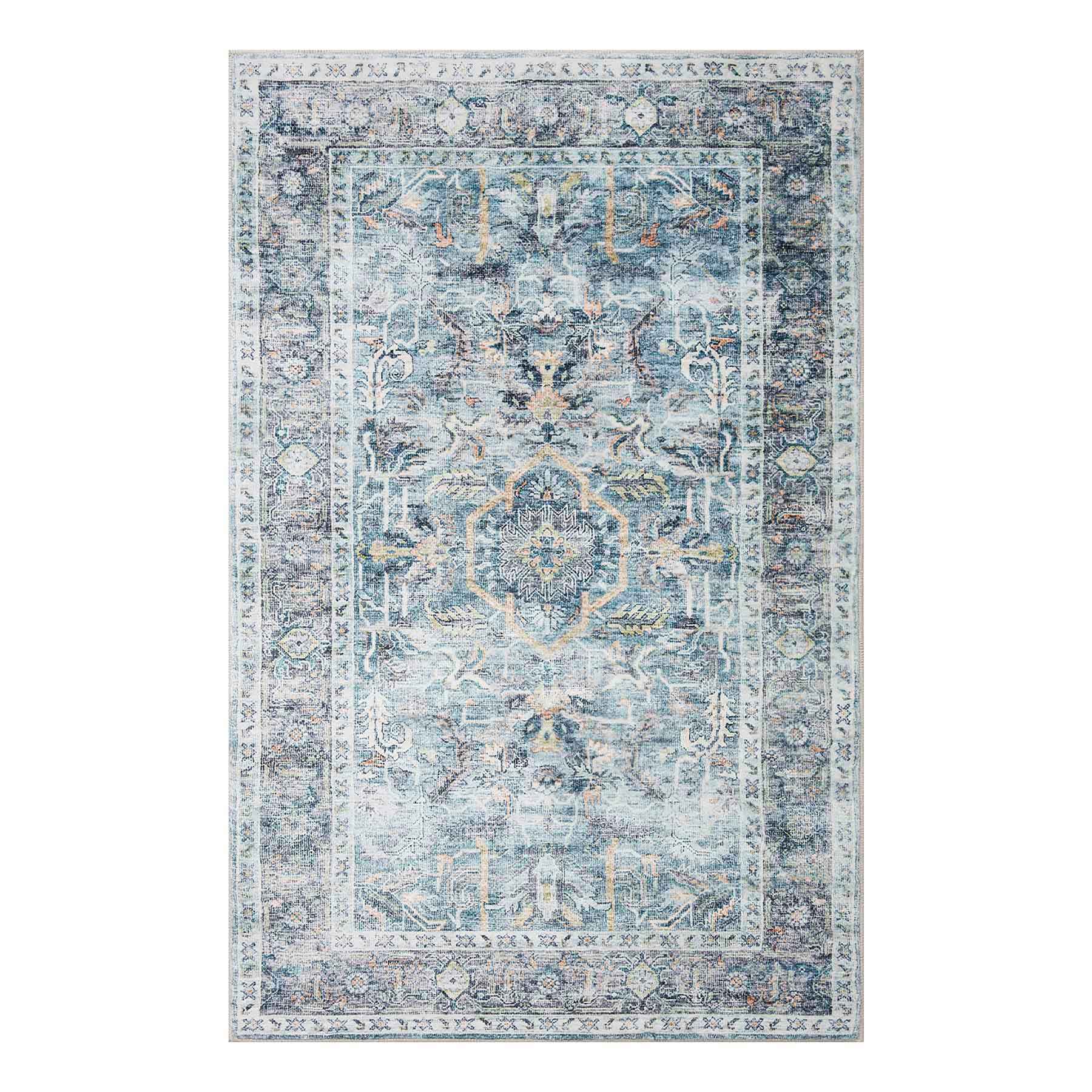 Emerald Aqua Medallion Printed Chenille Washable Accent Rug with Non-Slip Back, 27x45